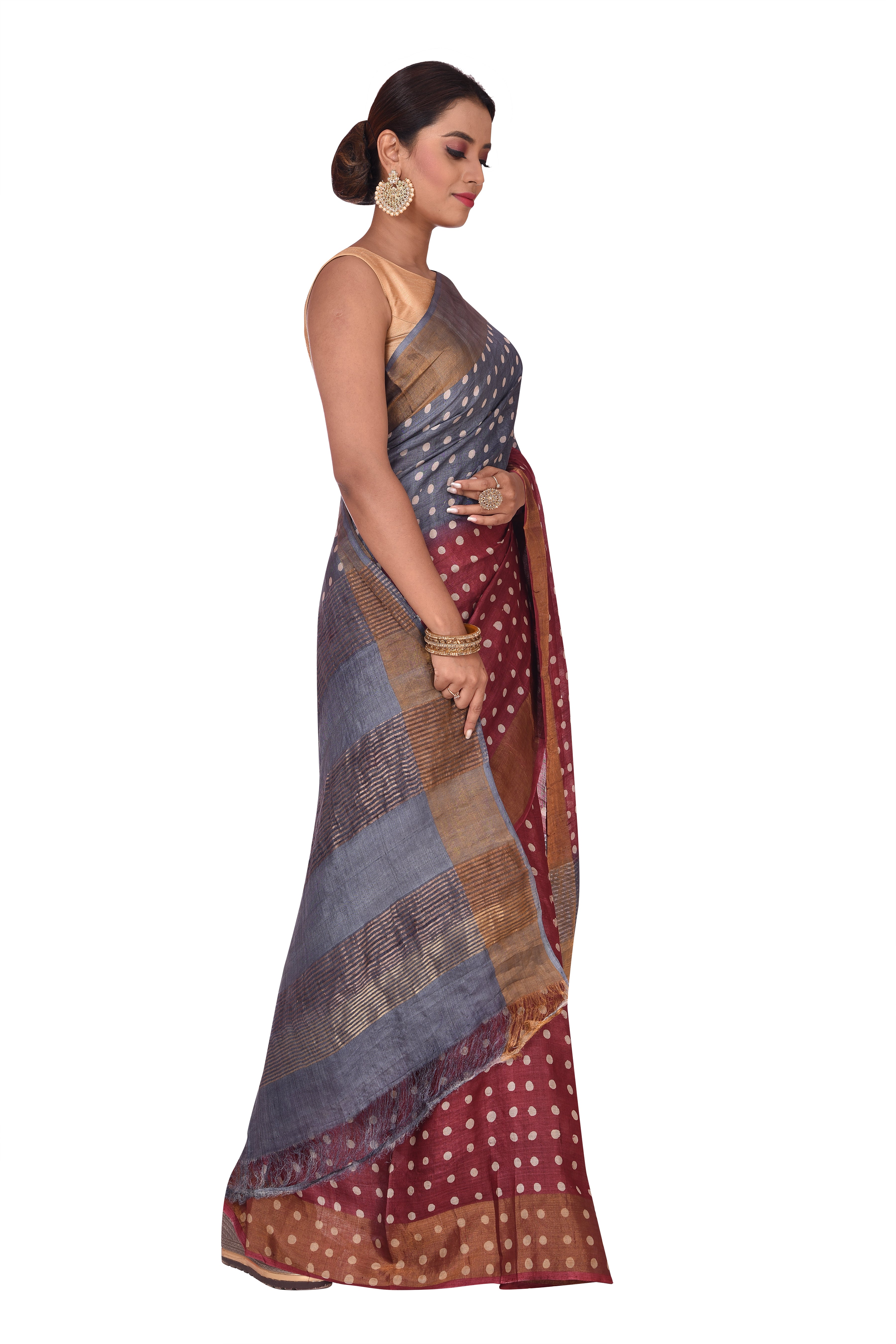 Printed Grey and Maroon Polka Dots Tussar Silk Saree