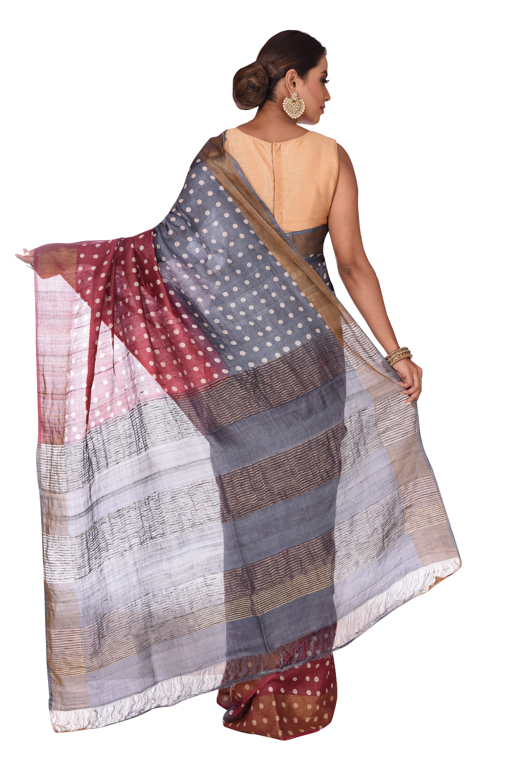 Printed Grey and Maroon Polka Dots Tussar Silk Saree