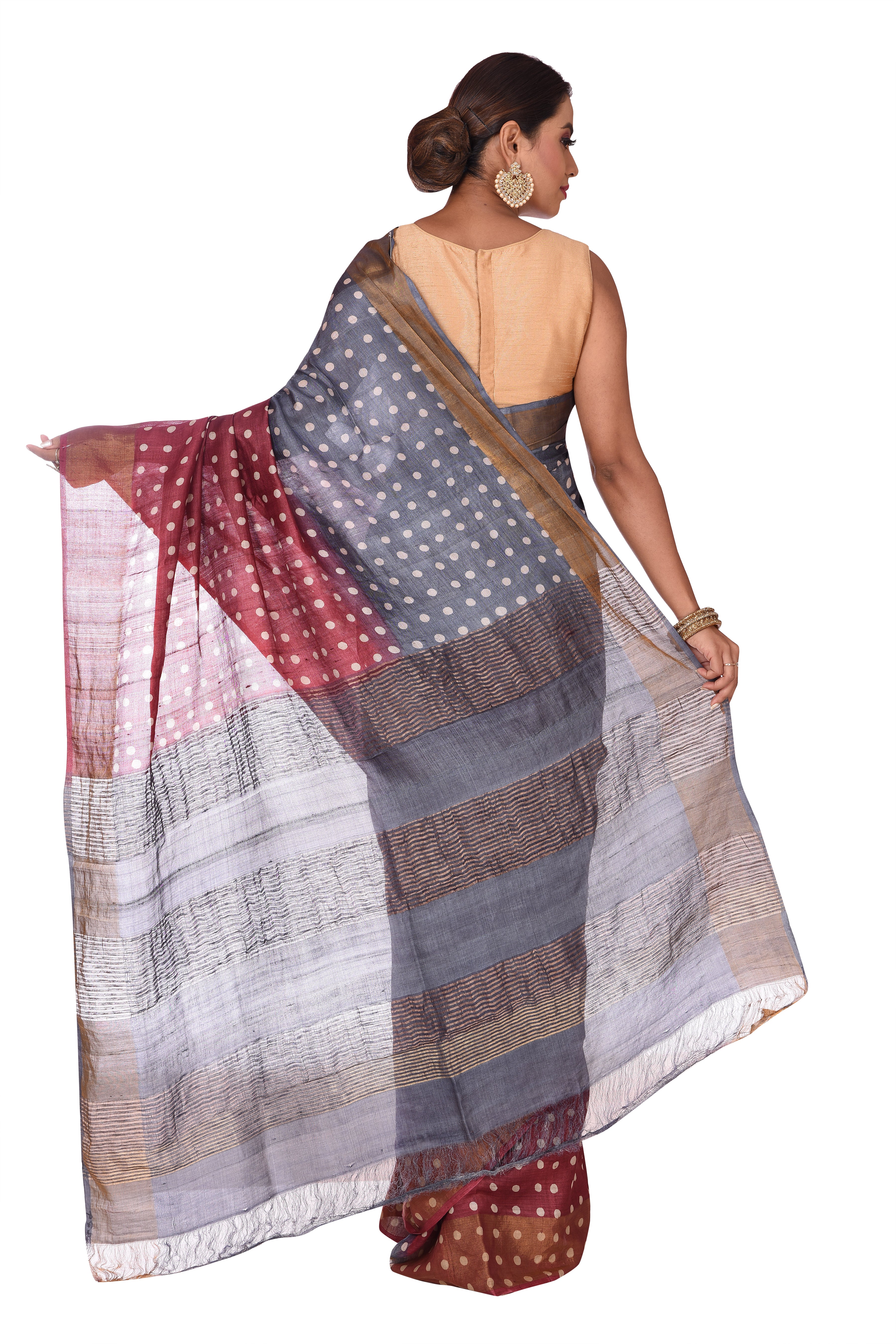 Printed Grey and Maroon Polka Dots Tussar Silk Saree