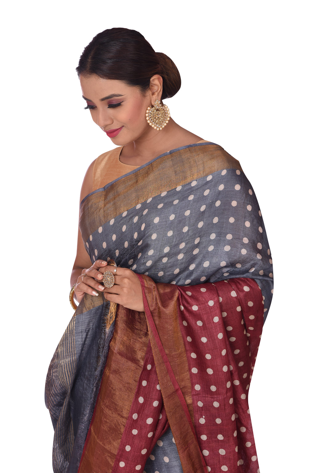 Printed Grey and Maroon Polka Dots Tussar Silk Saree