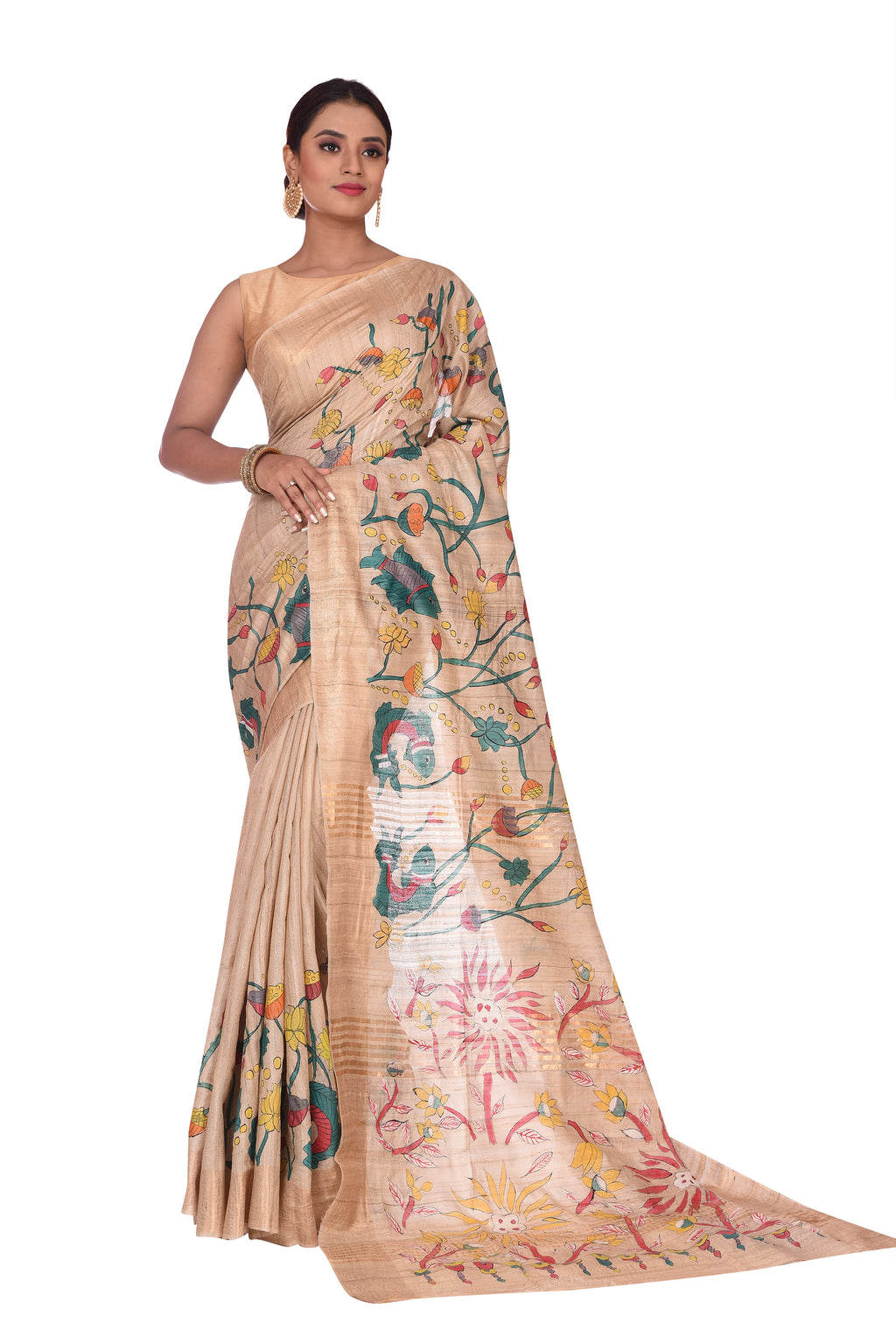 Pichwai Art Hand Painted Off White Tussar Silk Saree