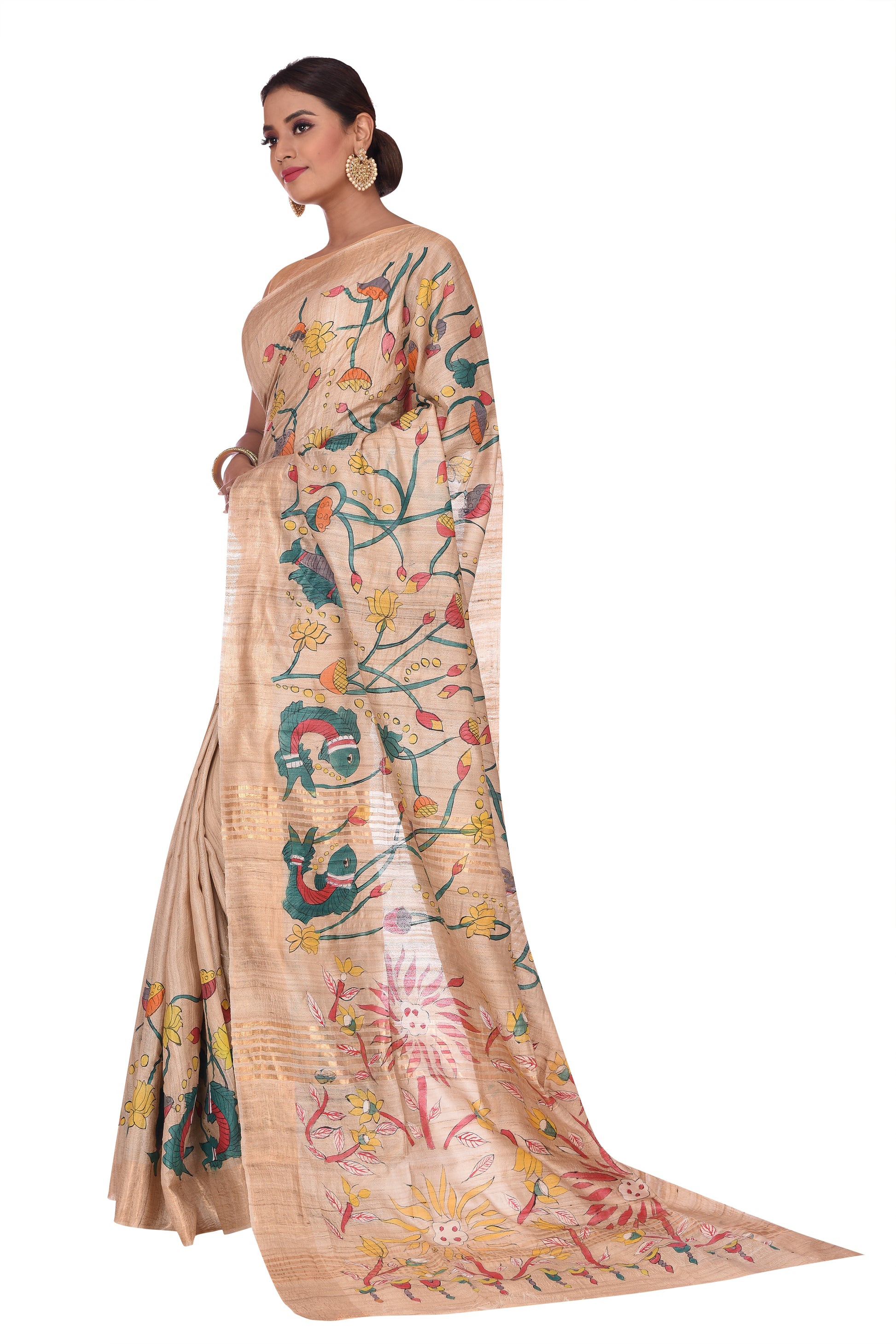 Pichwai Art Hand Painted Off White Tussar Silk Saree