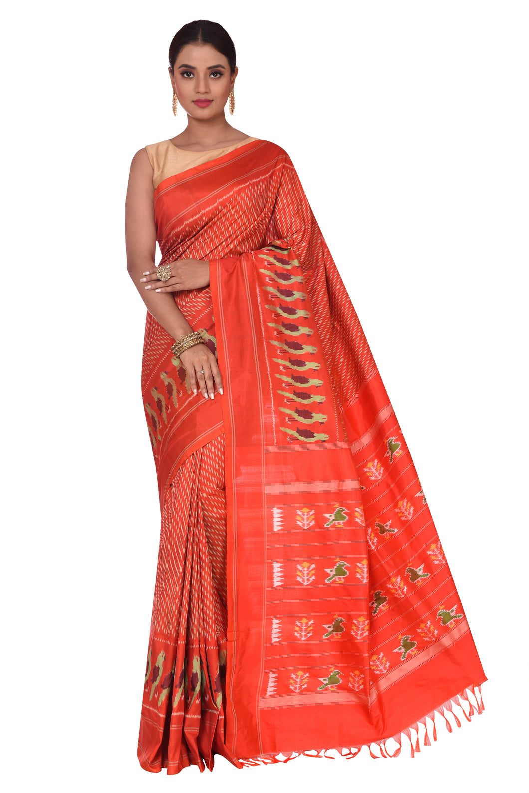 Orange Pochampally Ikat Silk Saree with Gap Border