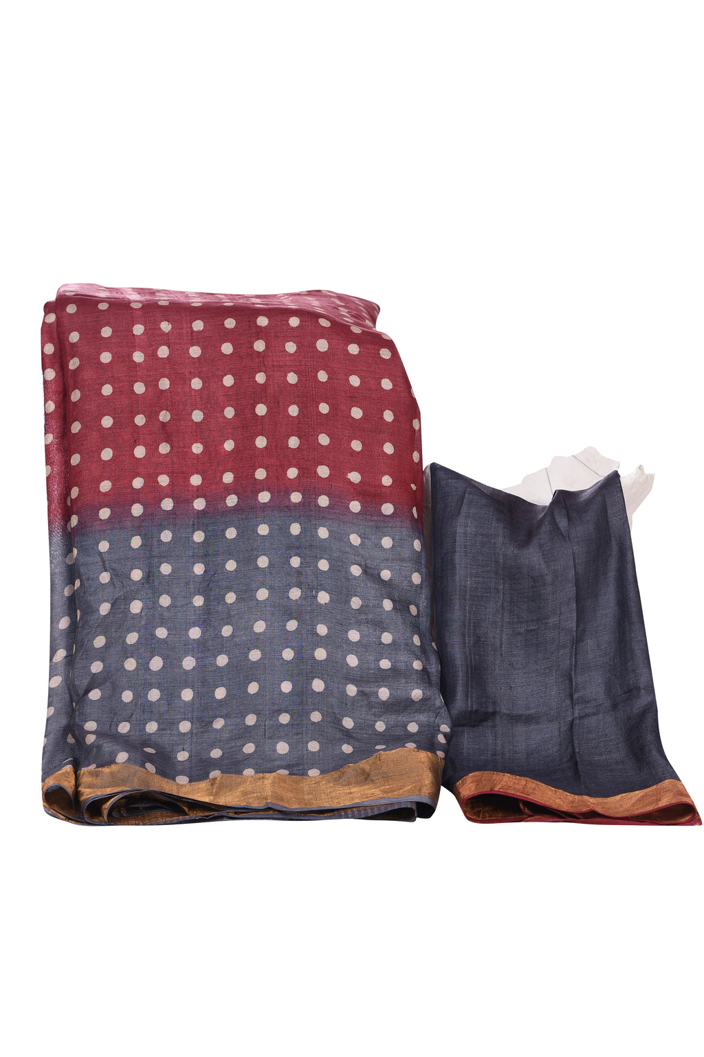 Printed Grey and Maroon Polka Dots Tussar Silk Saree