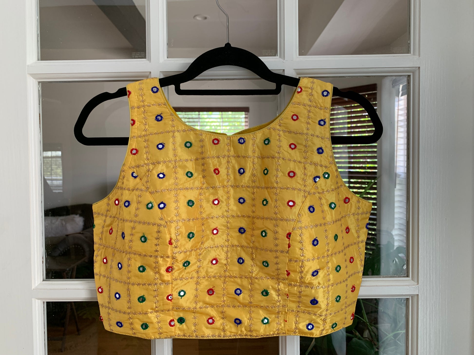 Checkered Embroidered Blouse with Faux Mirror Work
