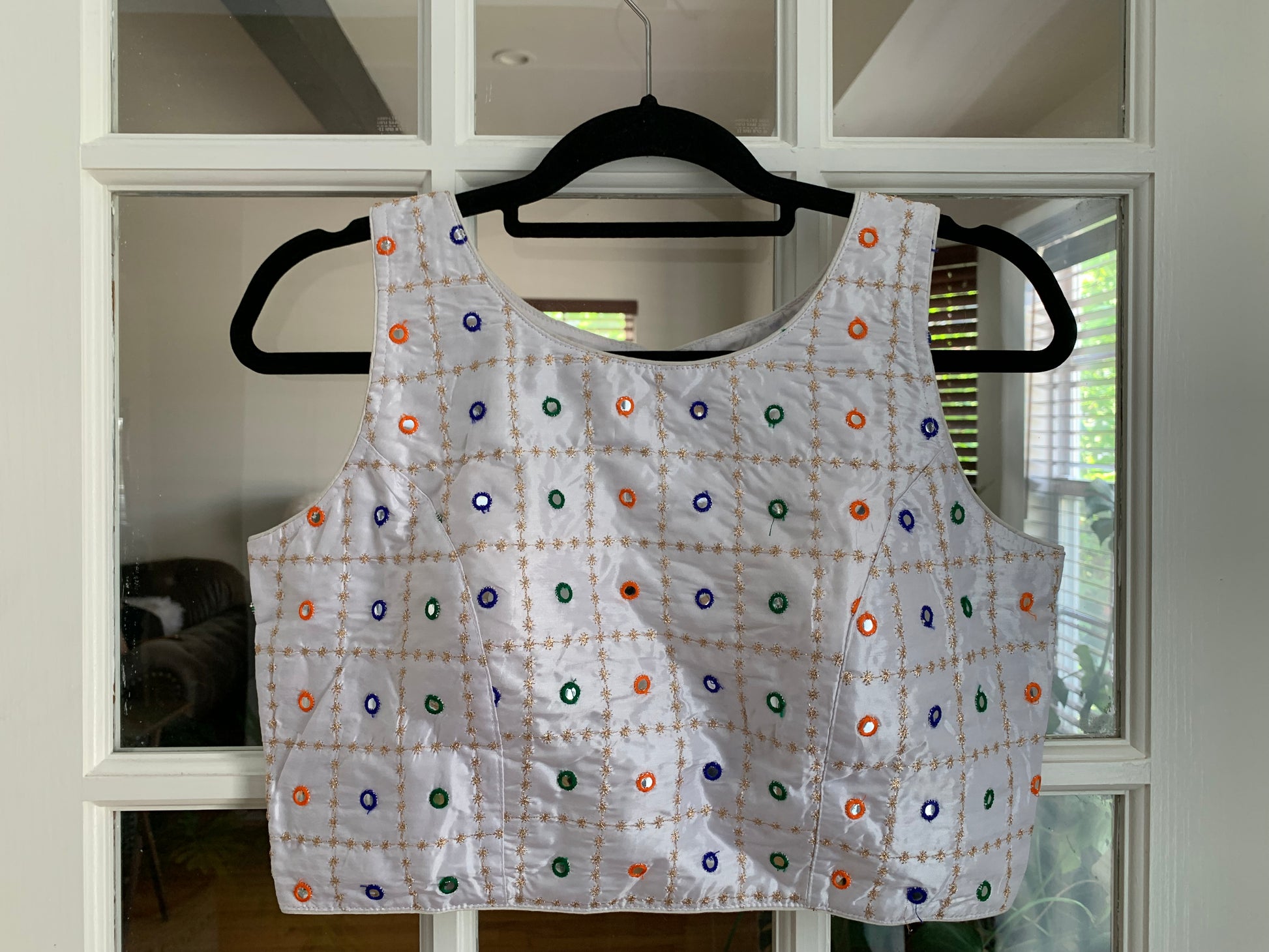 Checkered Embroidered Blouse with Faux Mirror Work