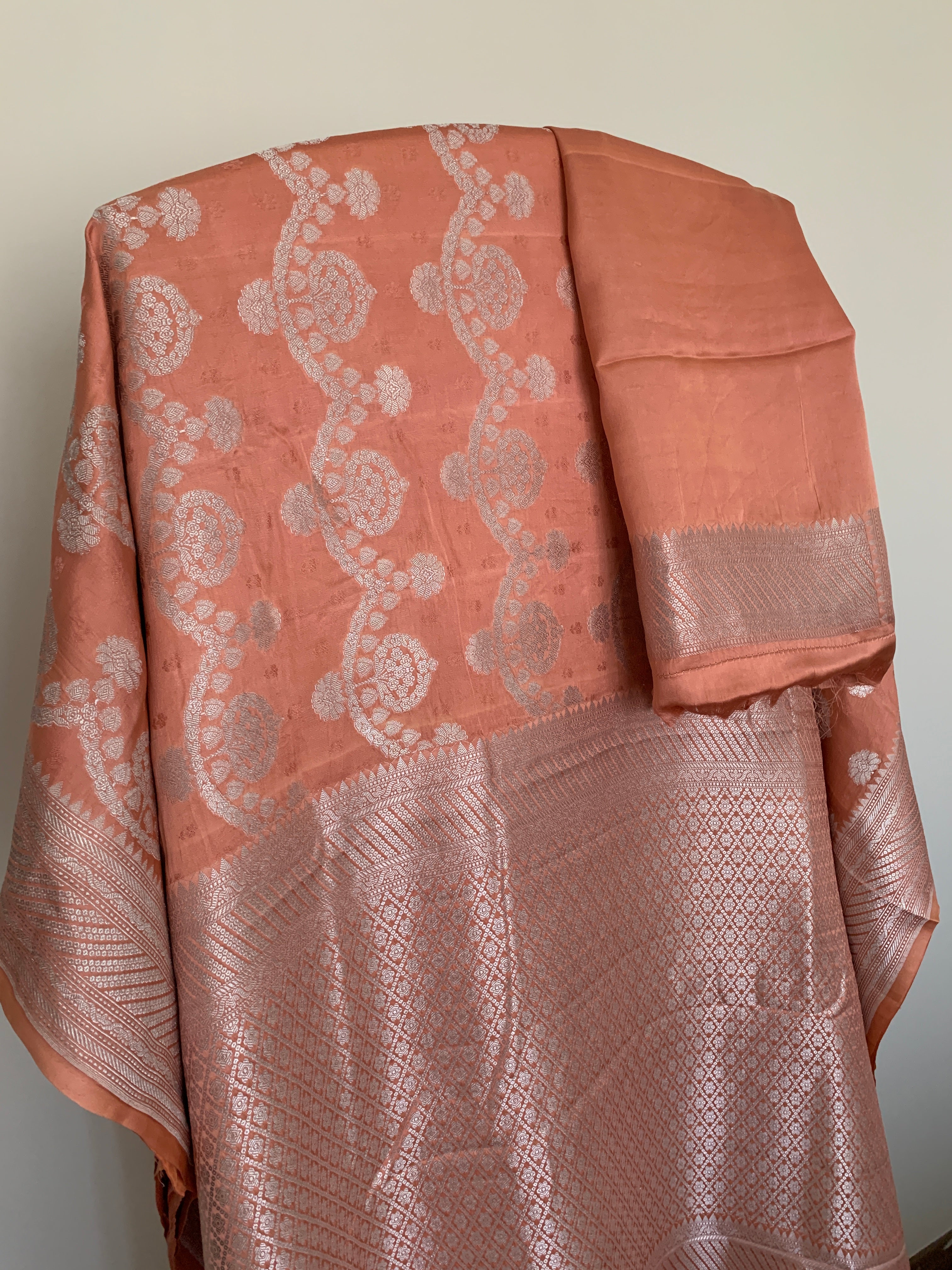 Pastel Deep Peach Banarasi Mashru Silk Saree