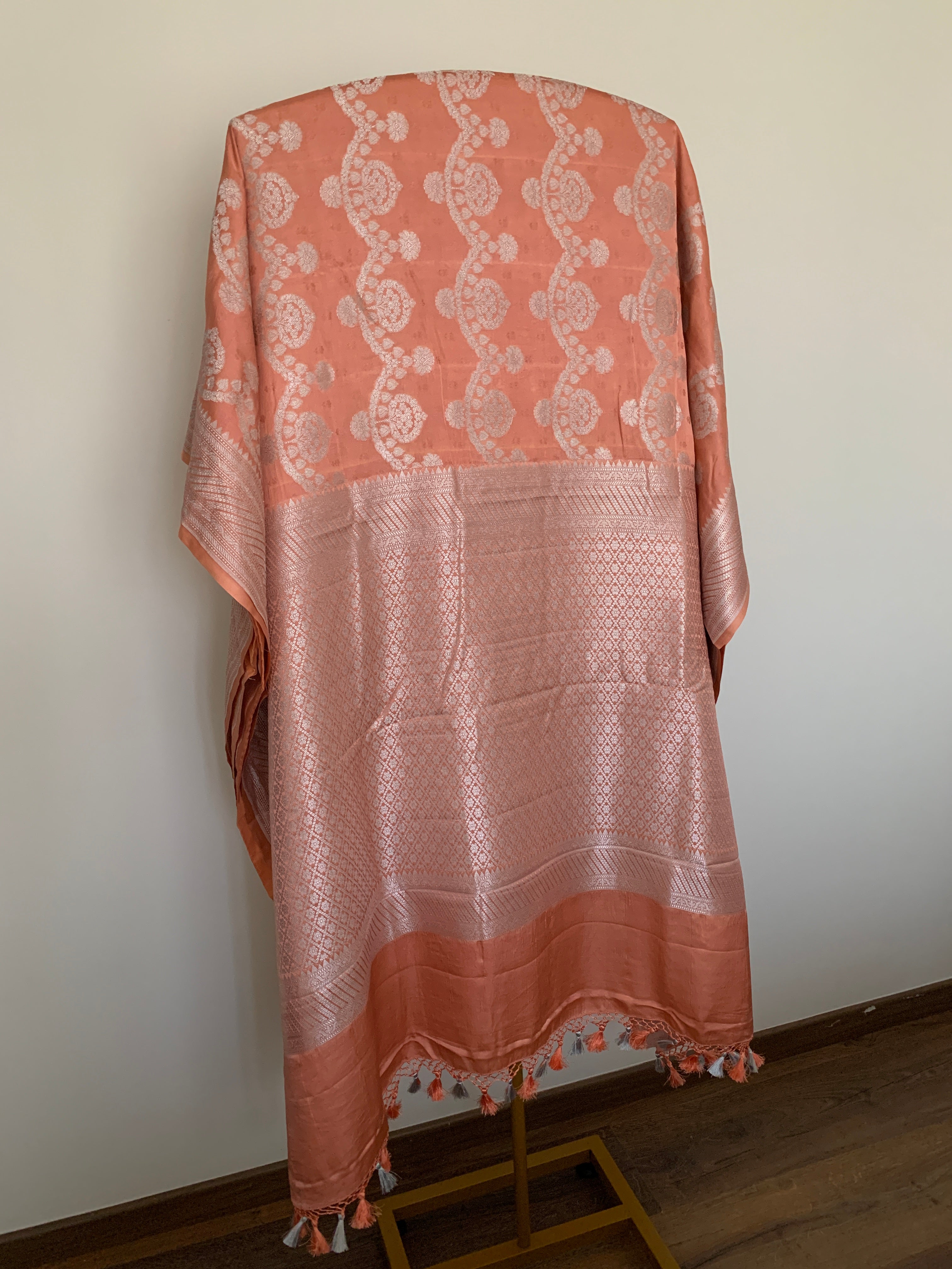 Pastel Deep Peach Banarasi Mashru Silk Saree