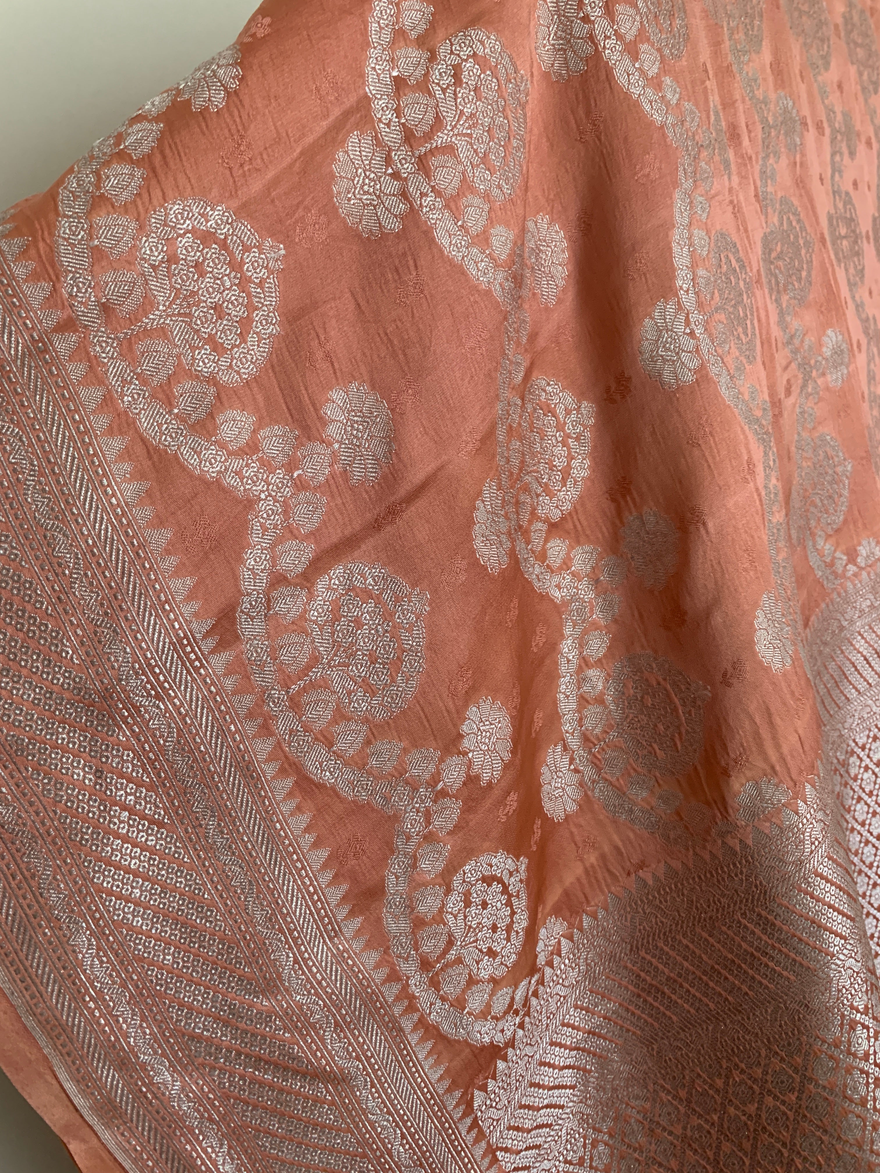 Pastel Deep Peach Banarasi Mashru Silk Saree