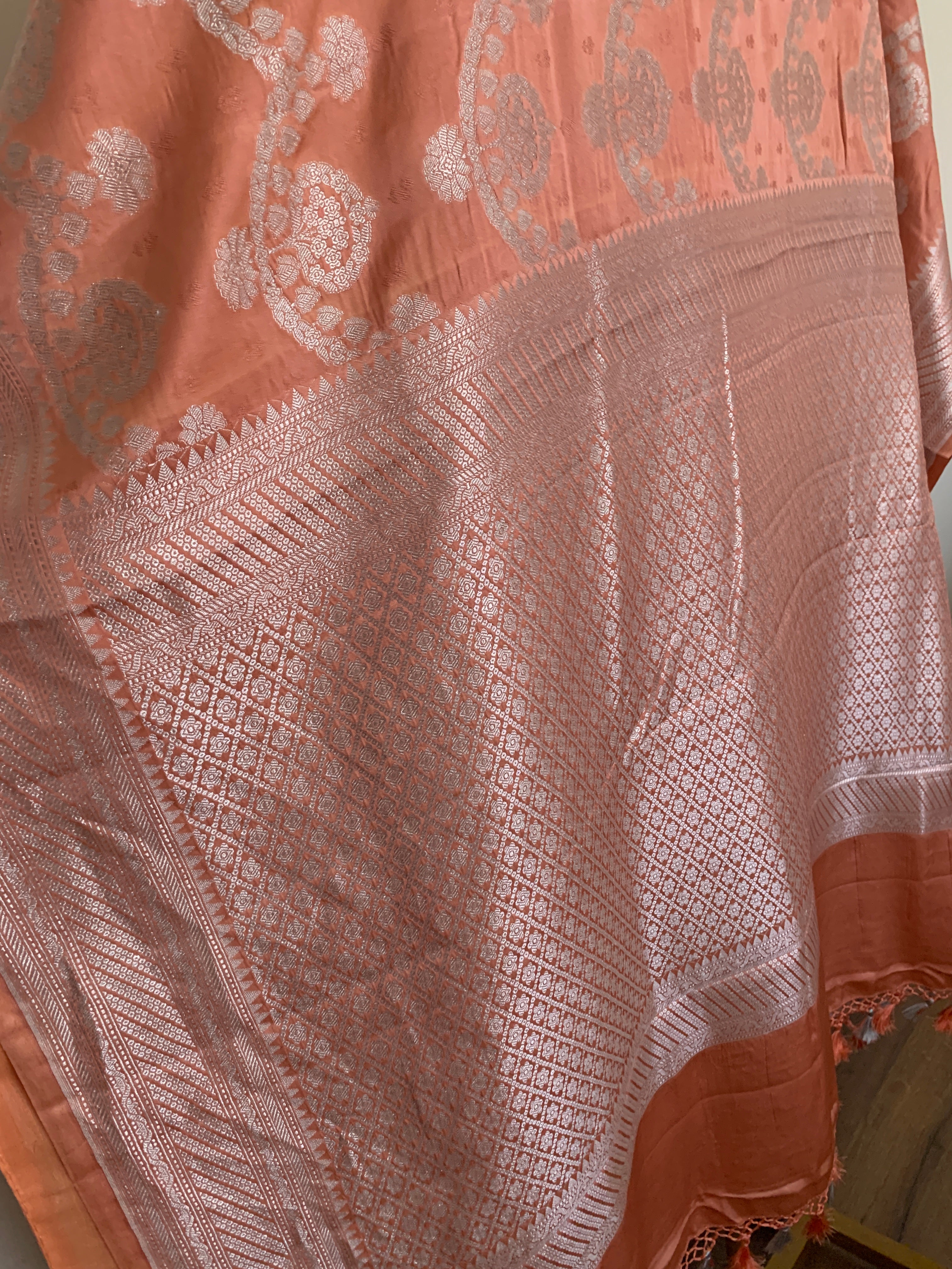 Pastel Deep Peach Banarasi Mashru Silk Saree