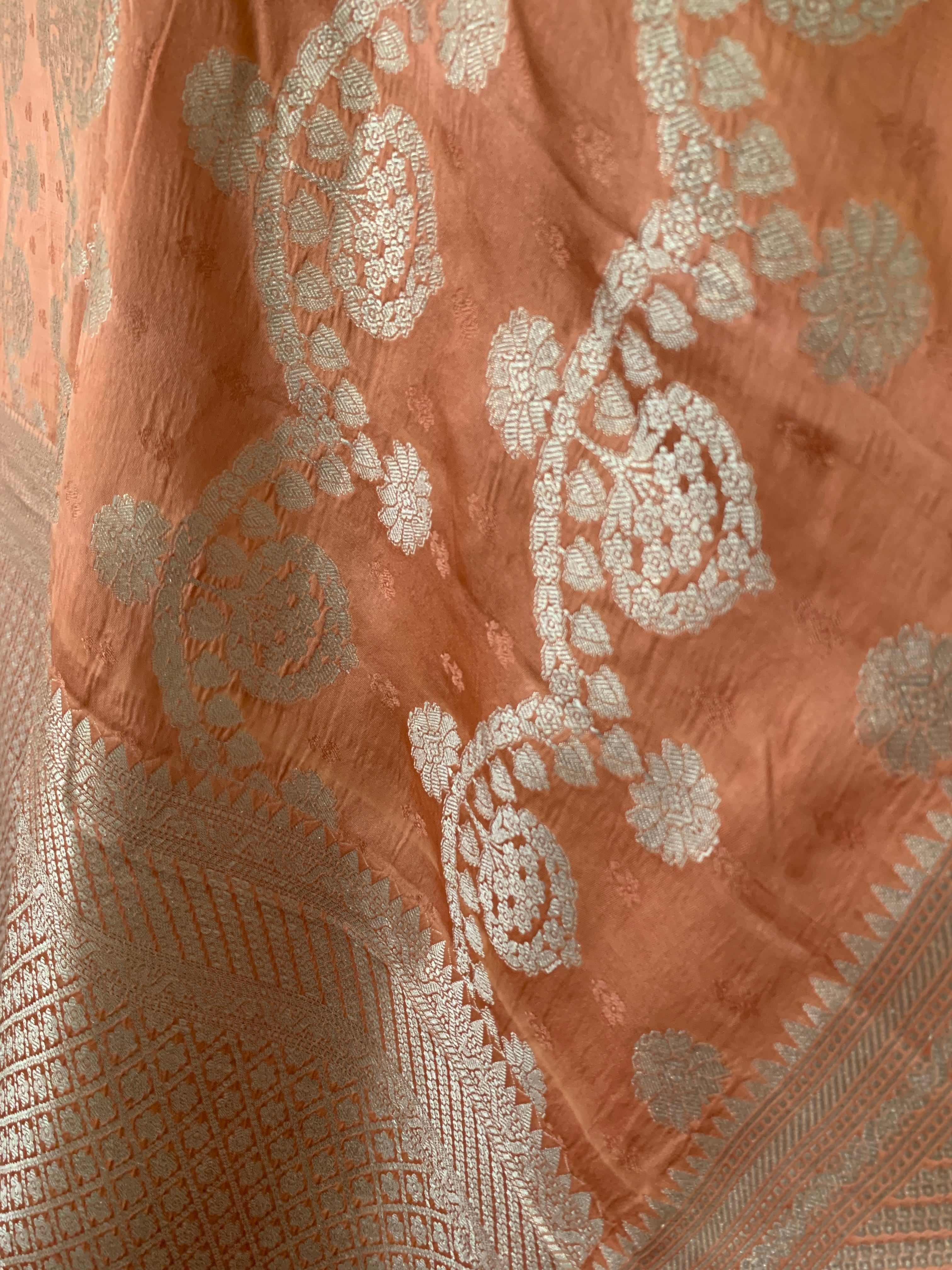 Pastel Deep Peach Banarasi Mashru Silk Saree