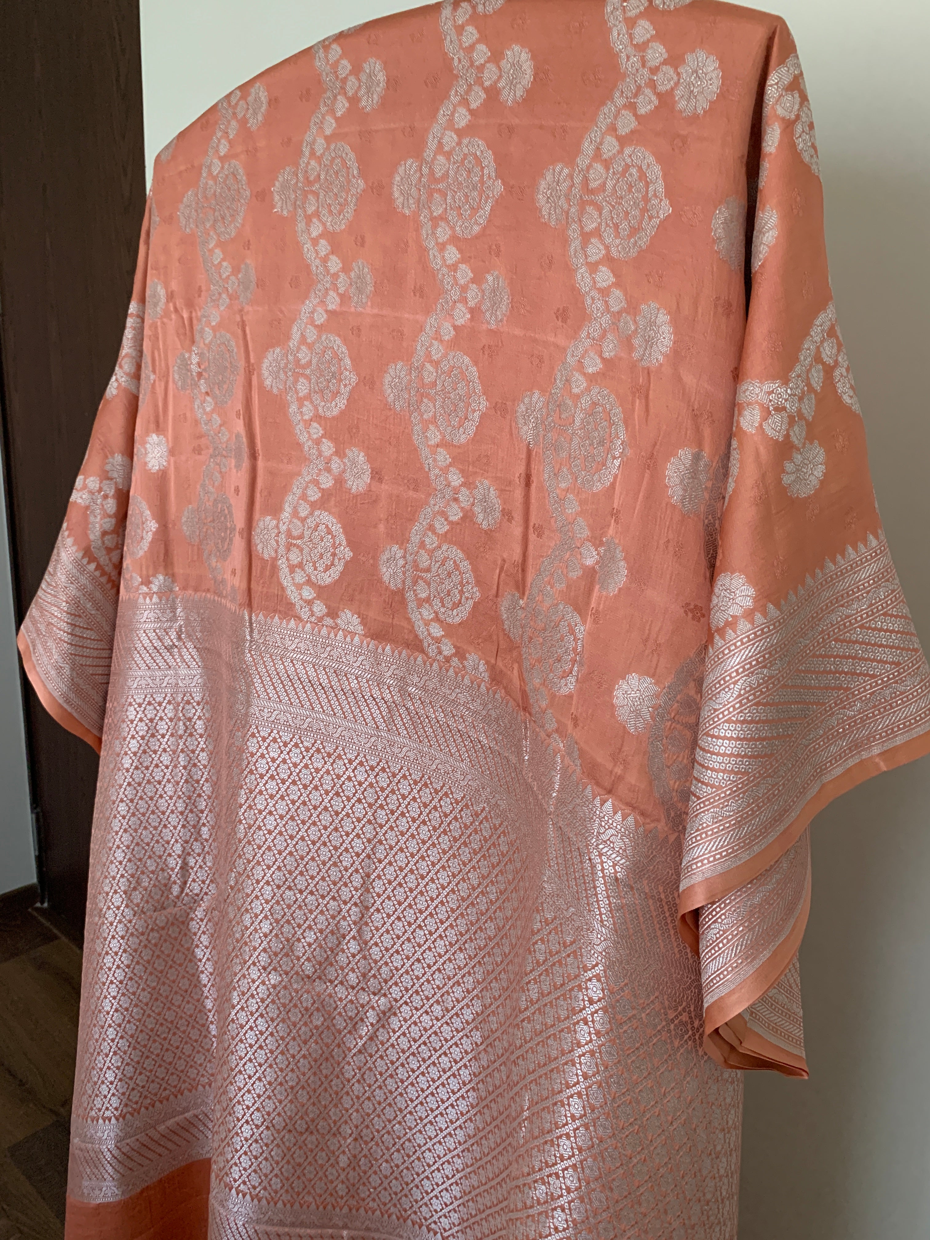 Pastel Deep Peach Banarasi Mashru Silk Saree