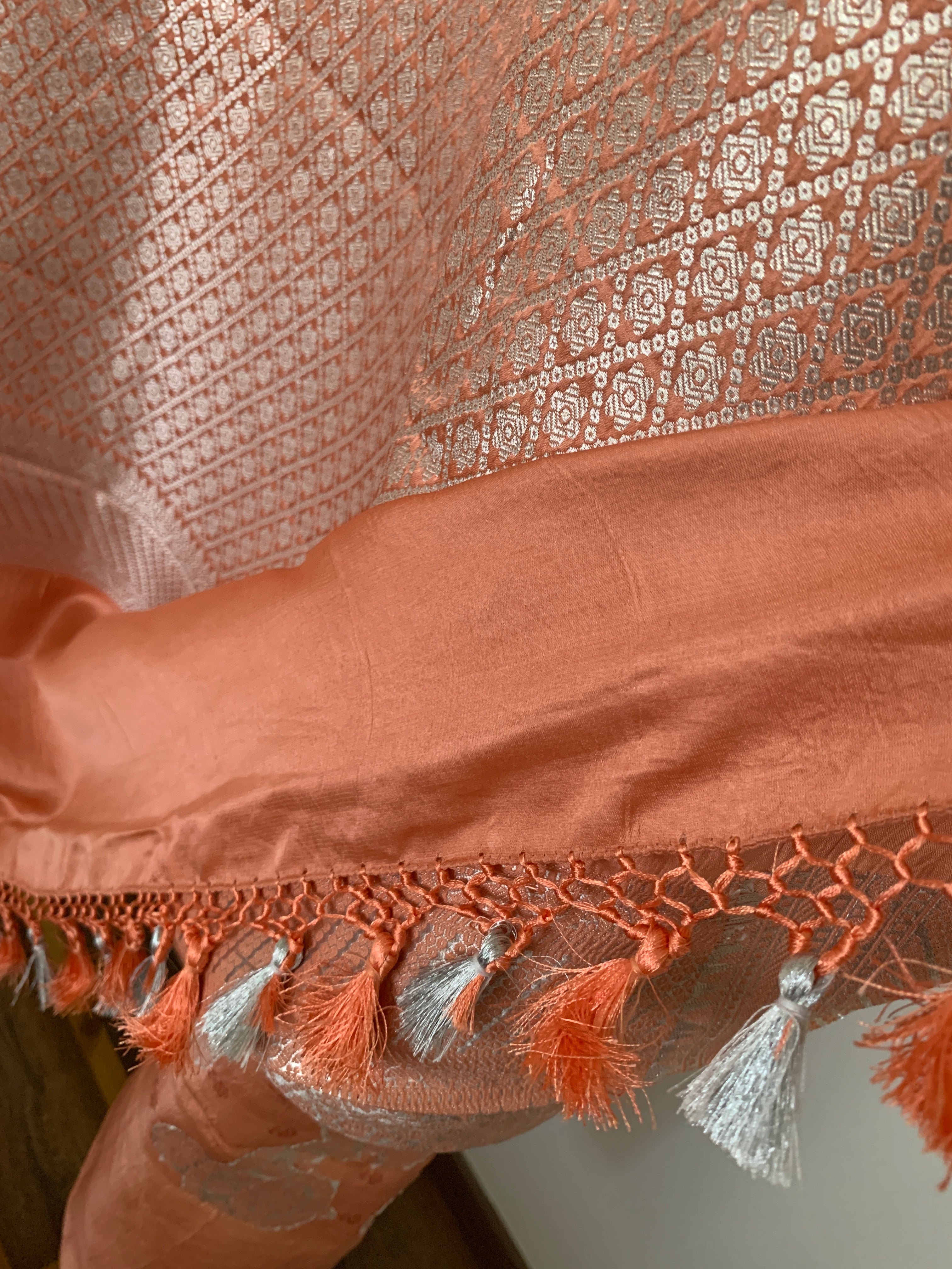 Pastel Deep Peach Banarasi Mashru Silk Saree