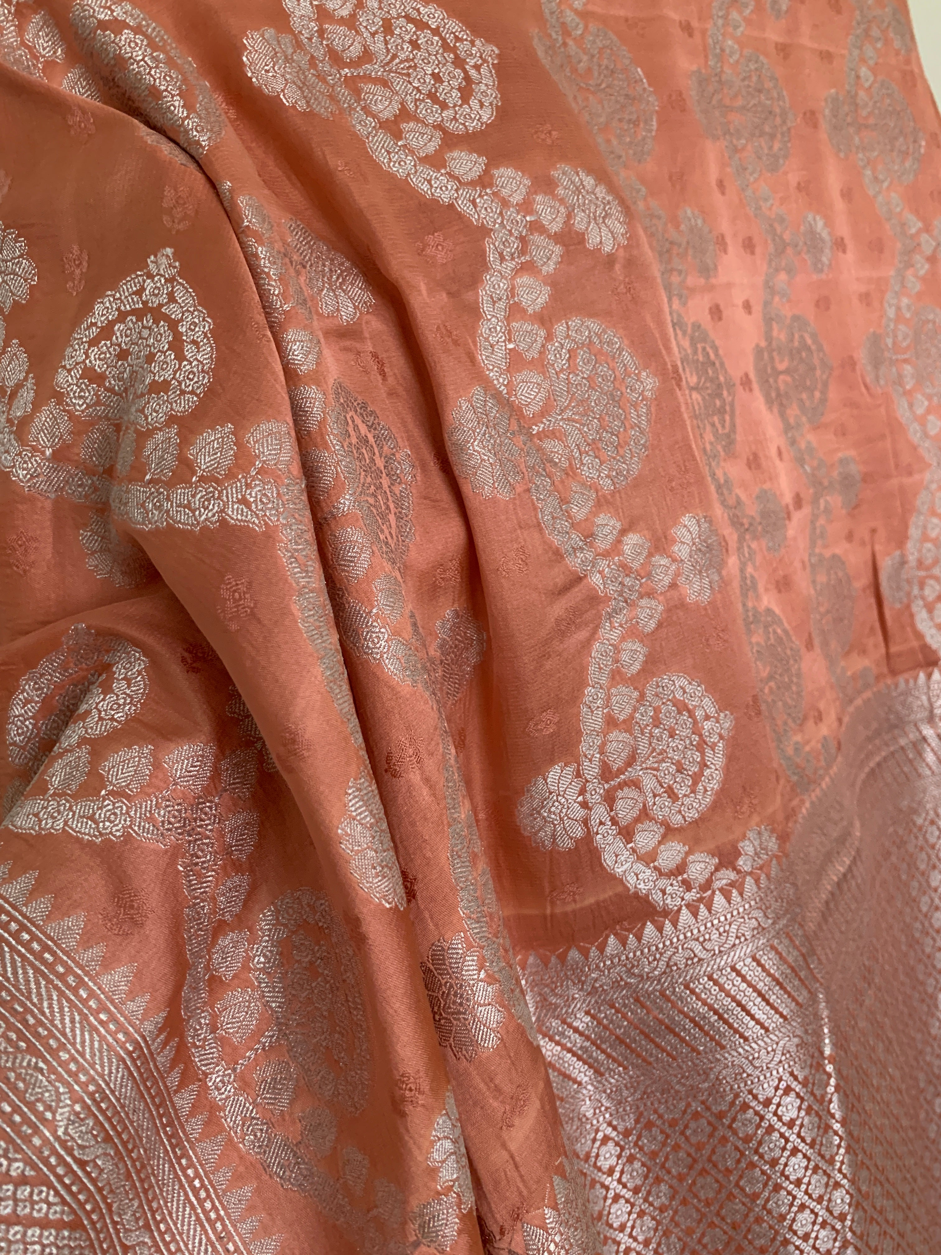 Pastel Deep Peach Banarasi Mashru Silk Saree