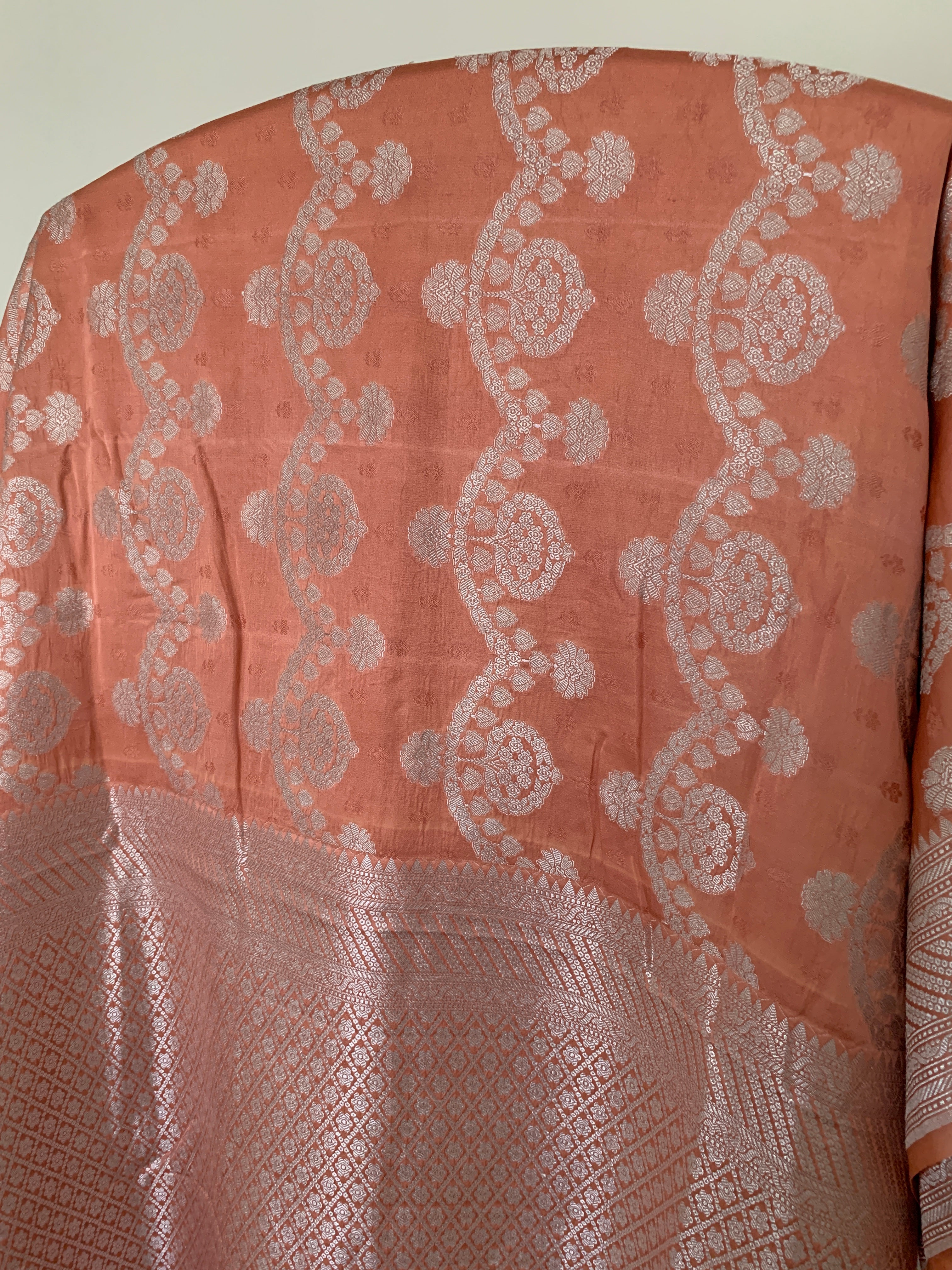 Pastel Deep Peach Banarasi Mashru Silk Saree