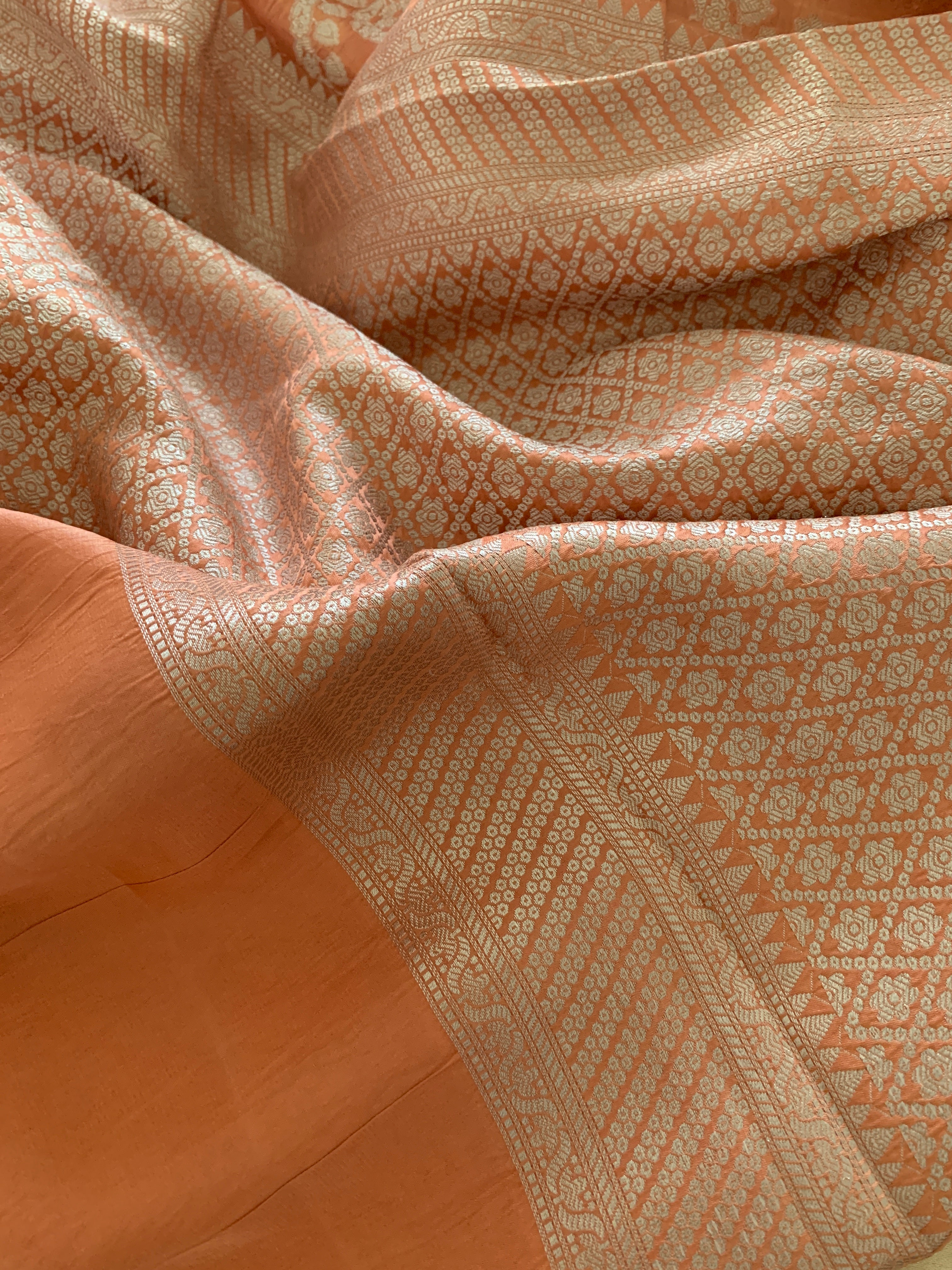 Pastel Deep Peach Banarasi Mashru Silk Saree
