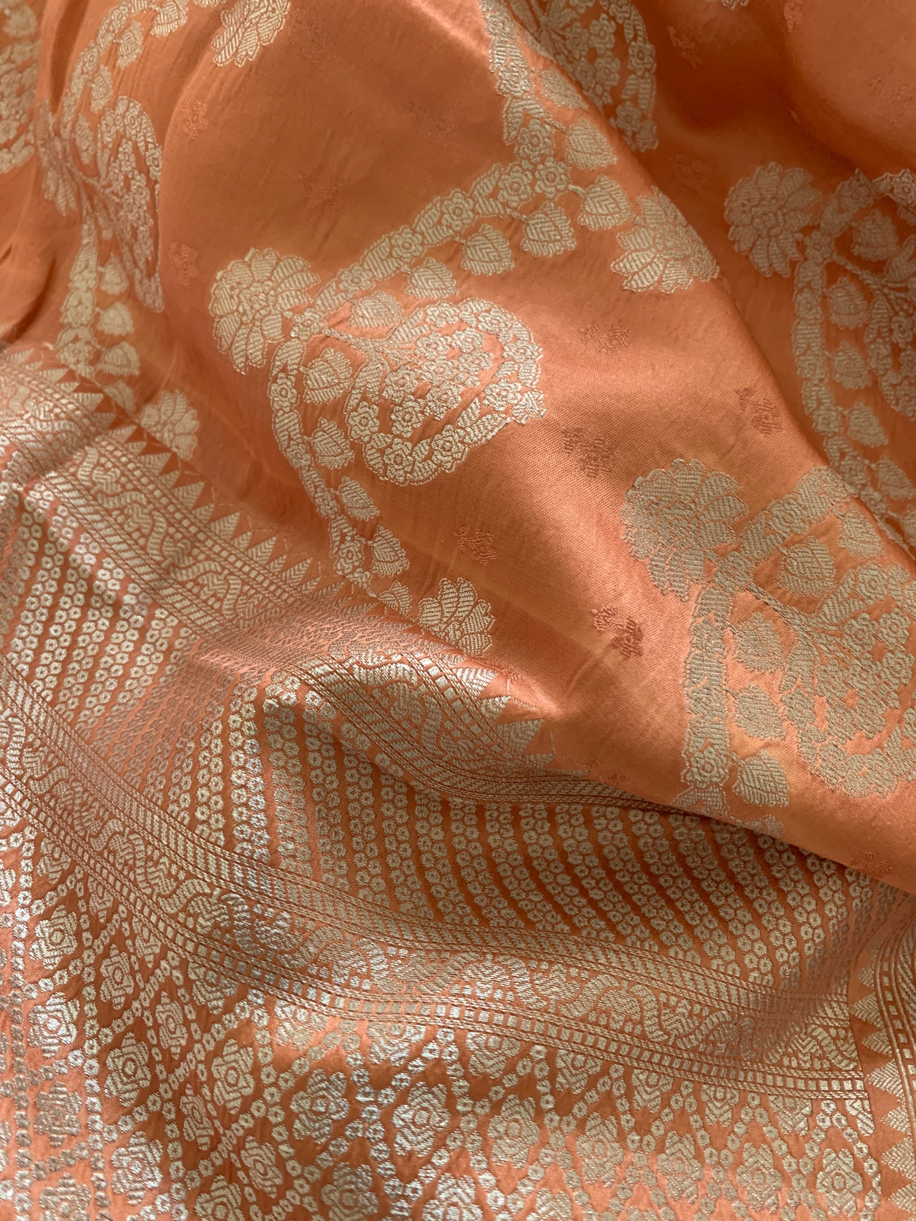 Pastel Deep Peach Banarasi Mashru Silk Saree
