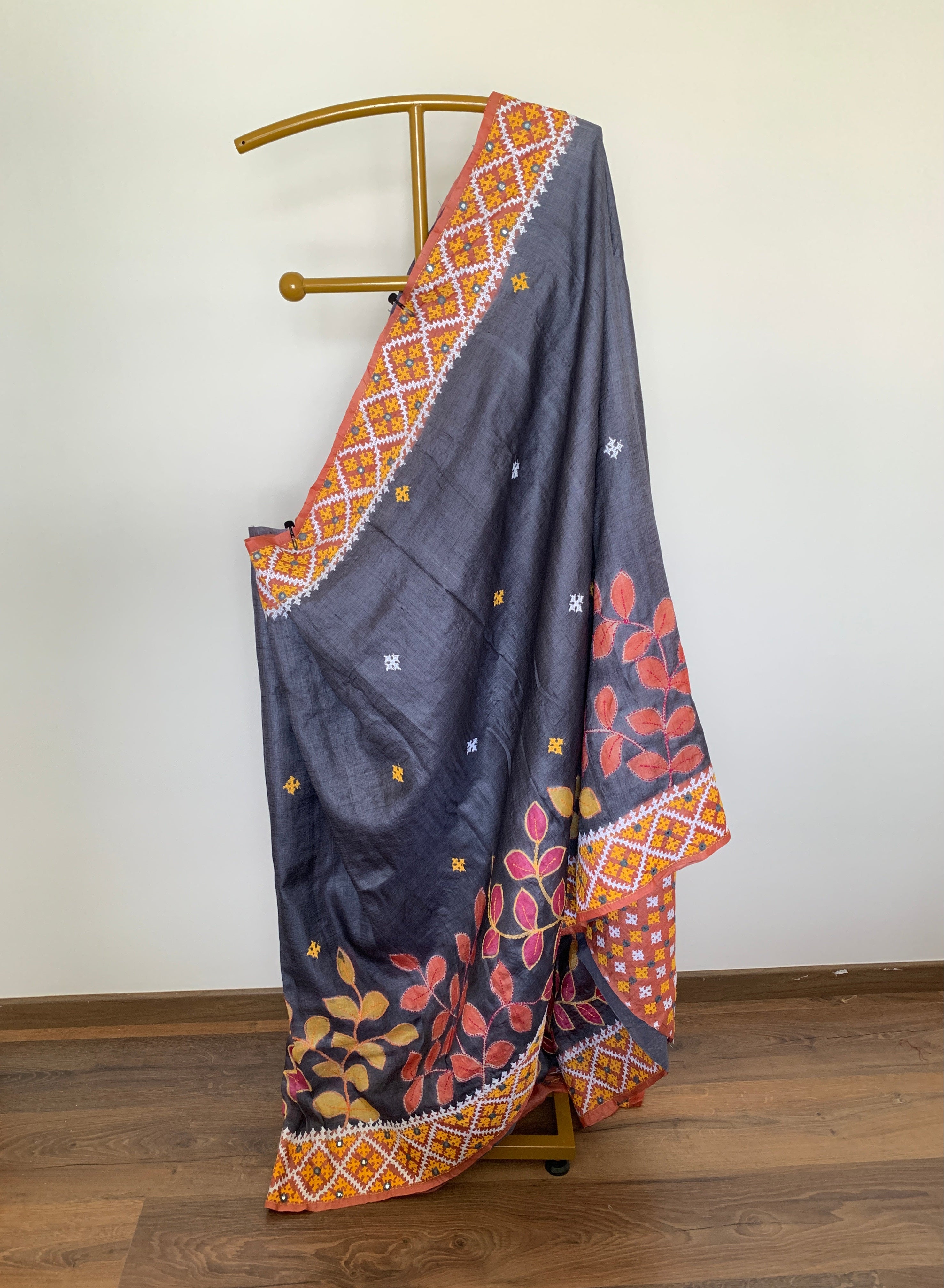 Charcoal Grey Gujarati Stitch Tussar Silk Saree