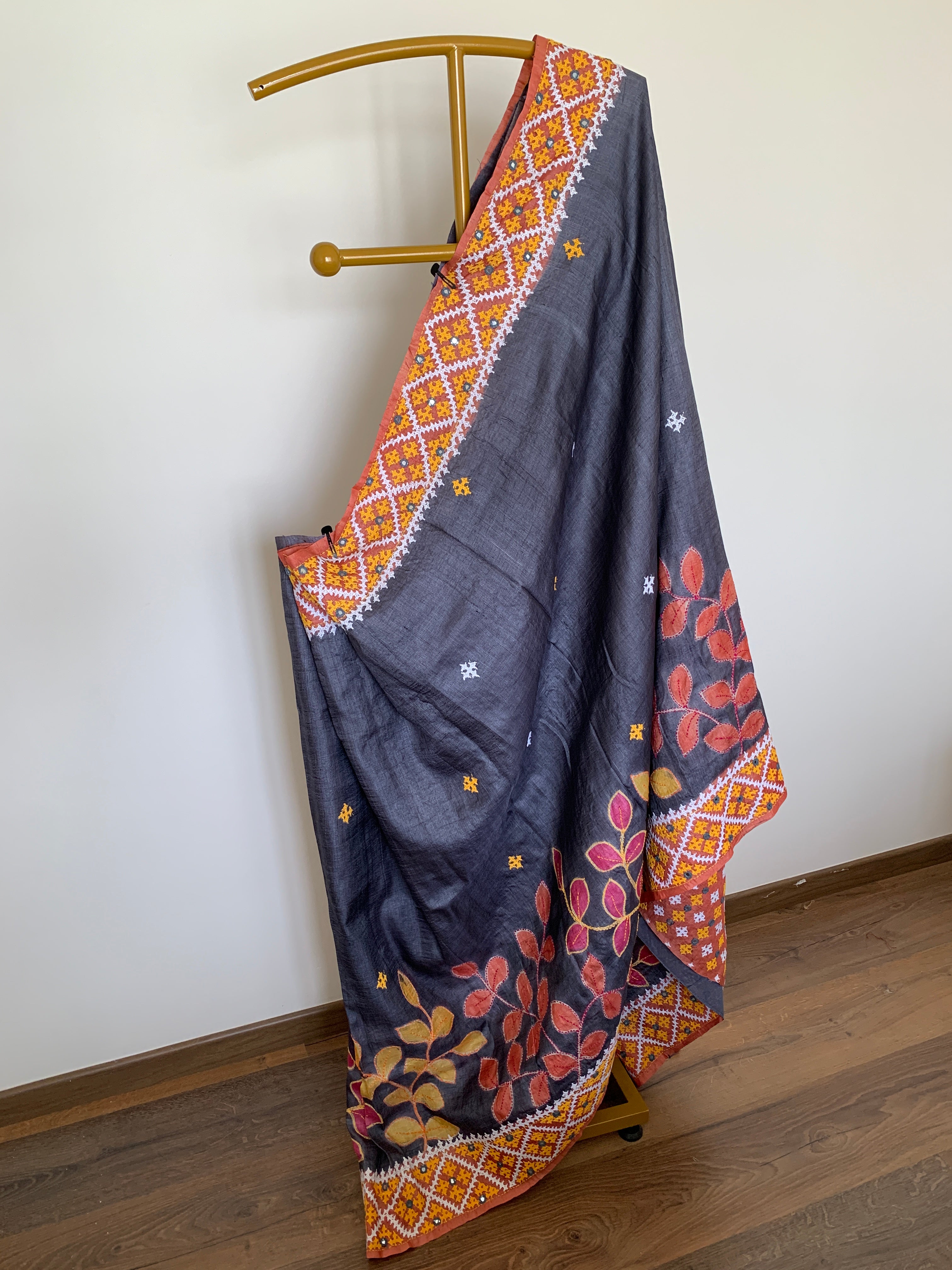 Charcoal Grey Gujarati Stitch Tussar Silk Saree