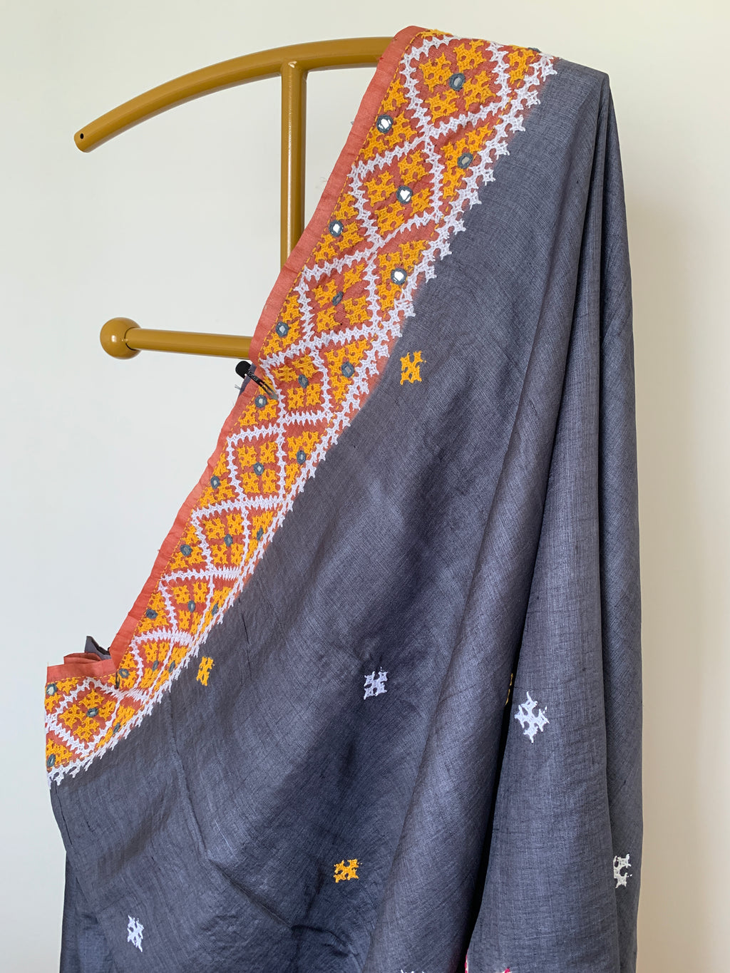 Charcoal Grey Gujarati Stitch Tussar Silk Saree