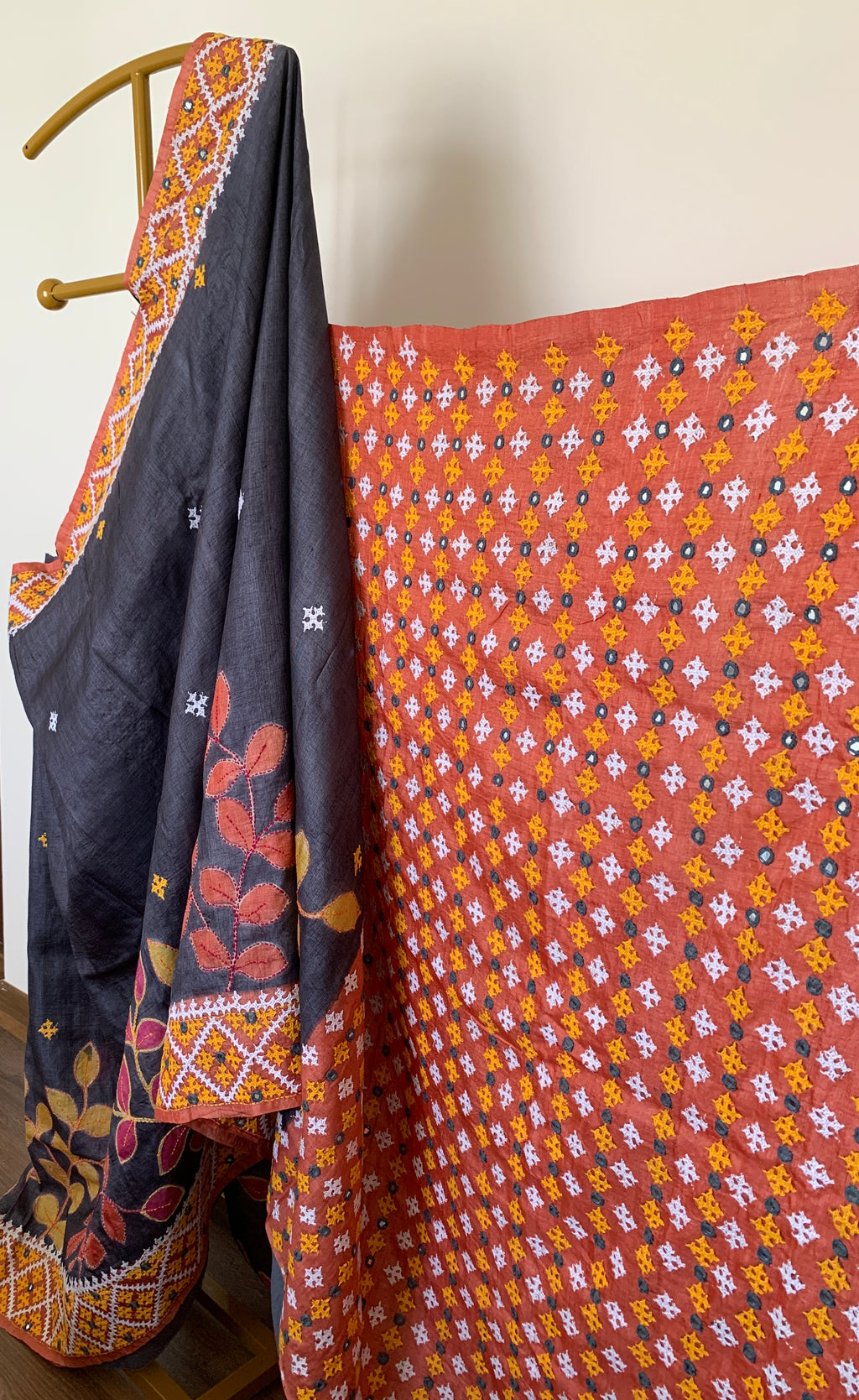 Charcoal Grey Gujarati Stitch Tussar Silk Saree