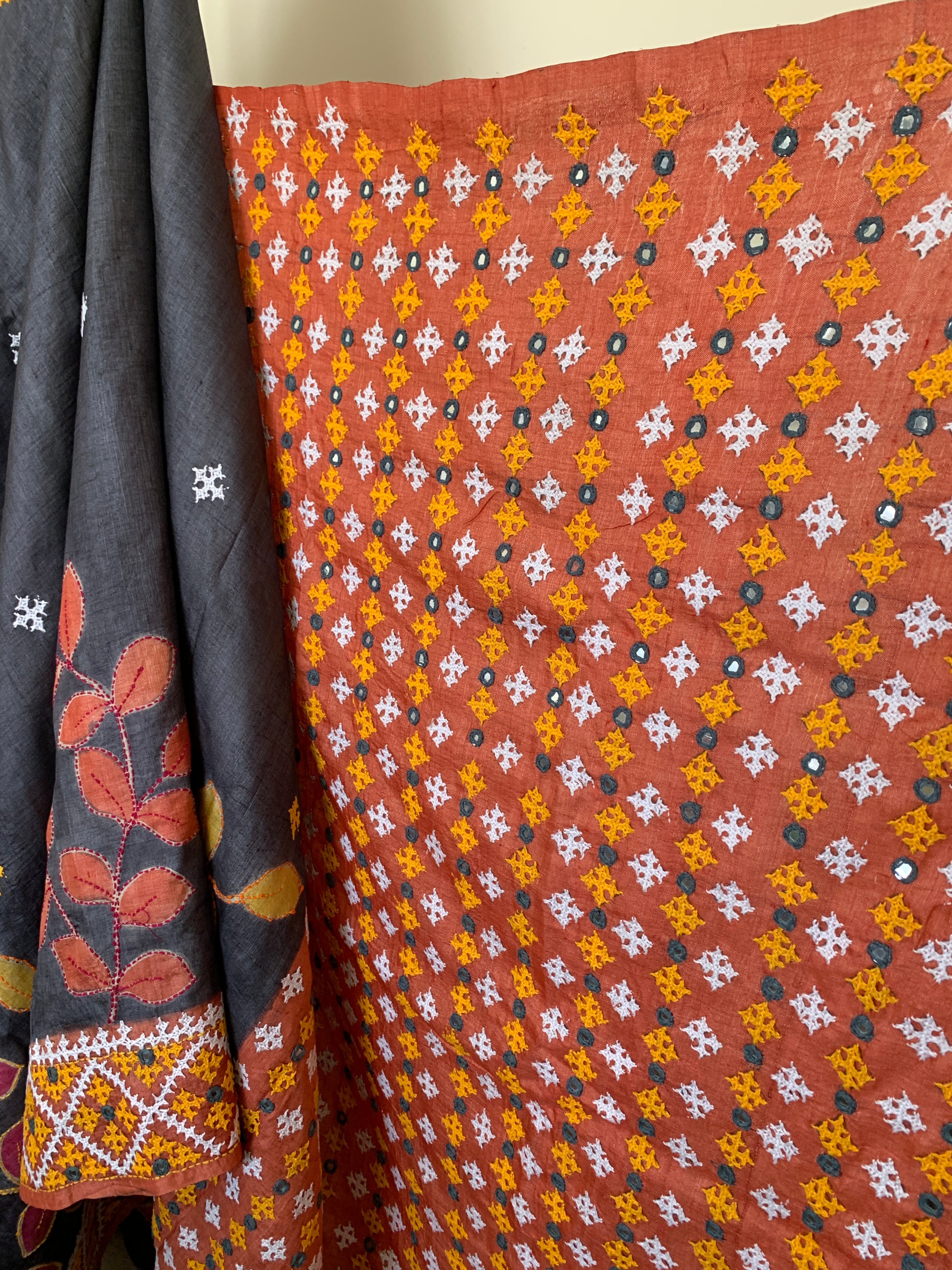 Charcoal Grey Gujarati Stitch Tussar Silk Saree