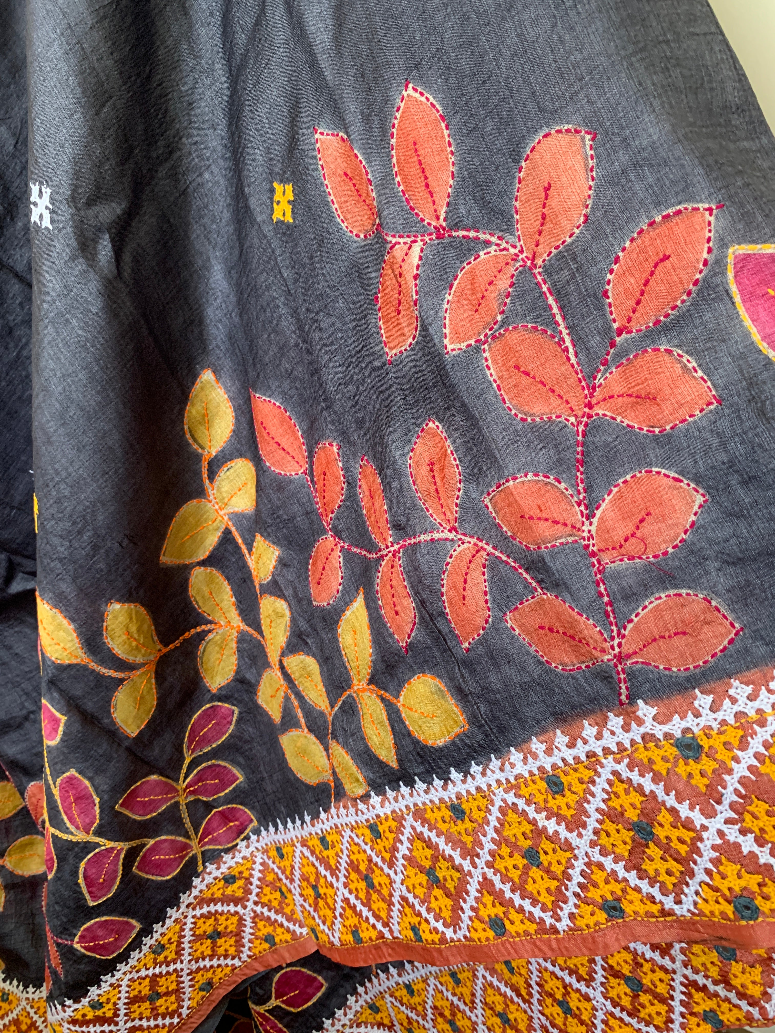 Charcoal Grey Gujarati Stitch Tussar Silk Saree