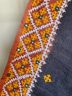Charcoal Grey Gujarati Stitch Tussar Silk Saree