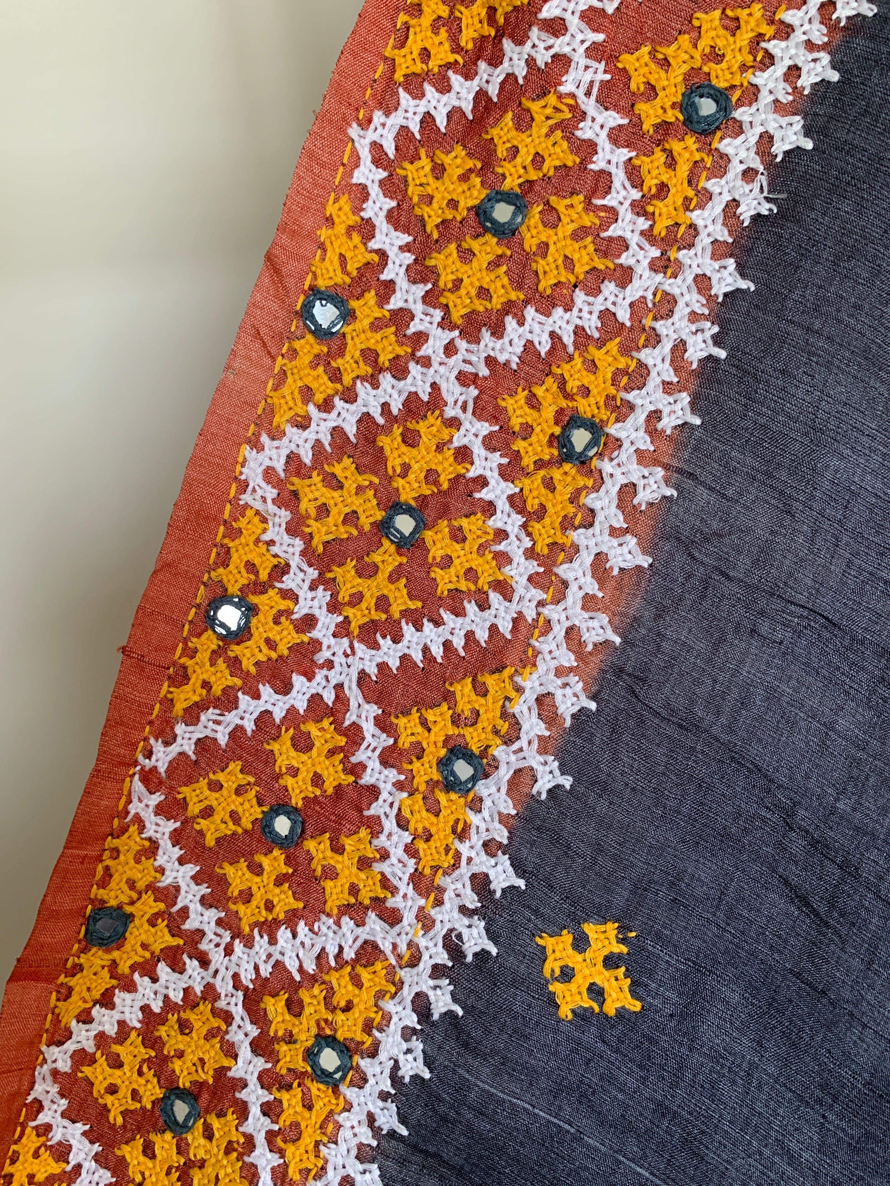 Charcoal Grey Gujarati Stitch Tussar Silk Saree