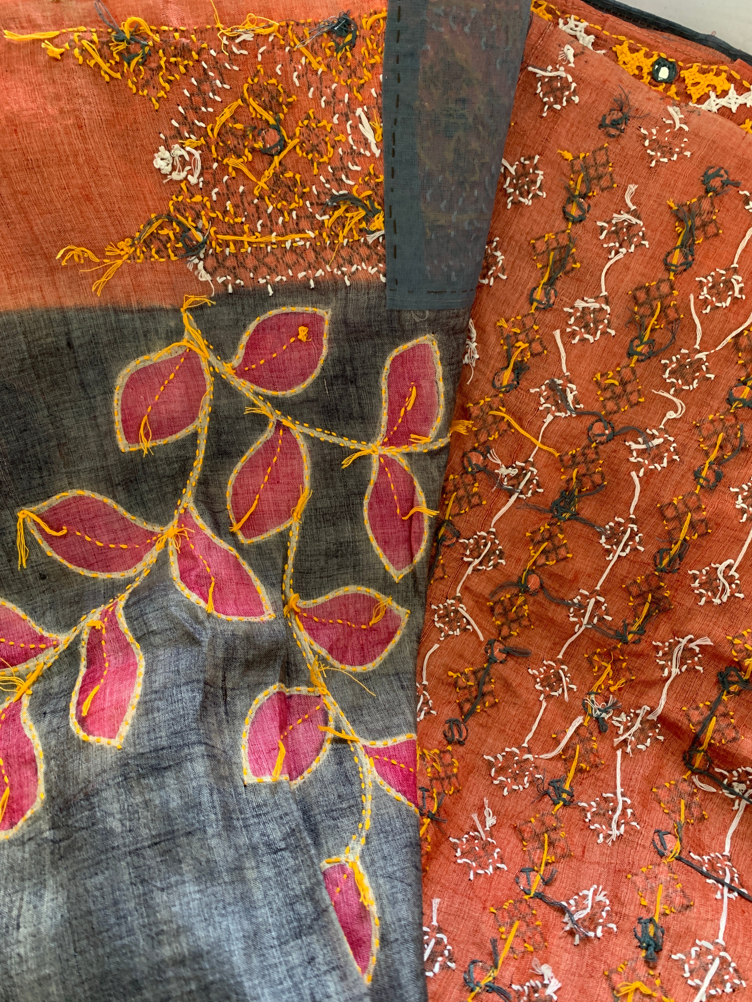 Charcoal Grey Gujarati Stitch Tussar Silk Saree