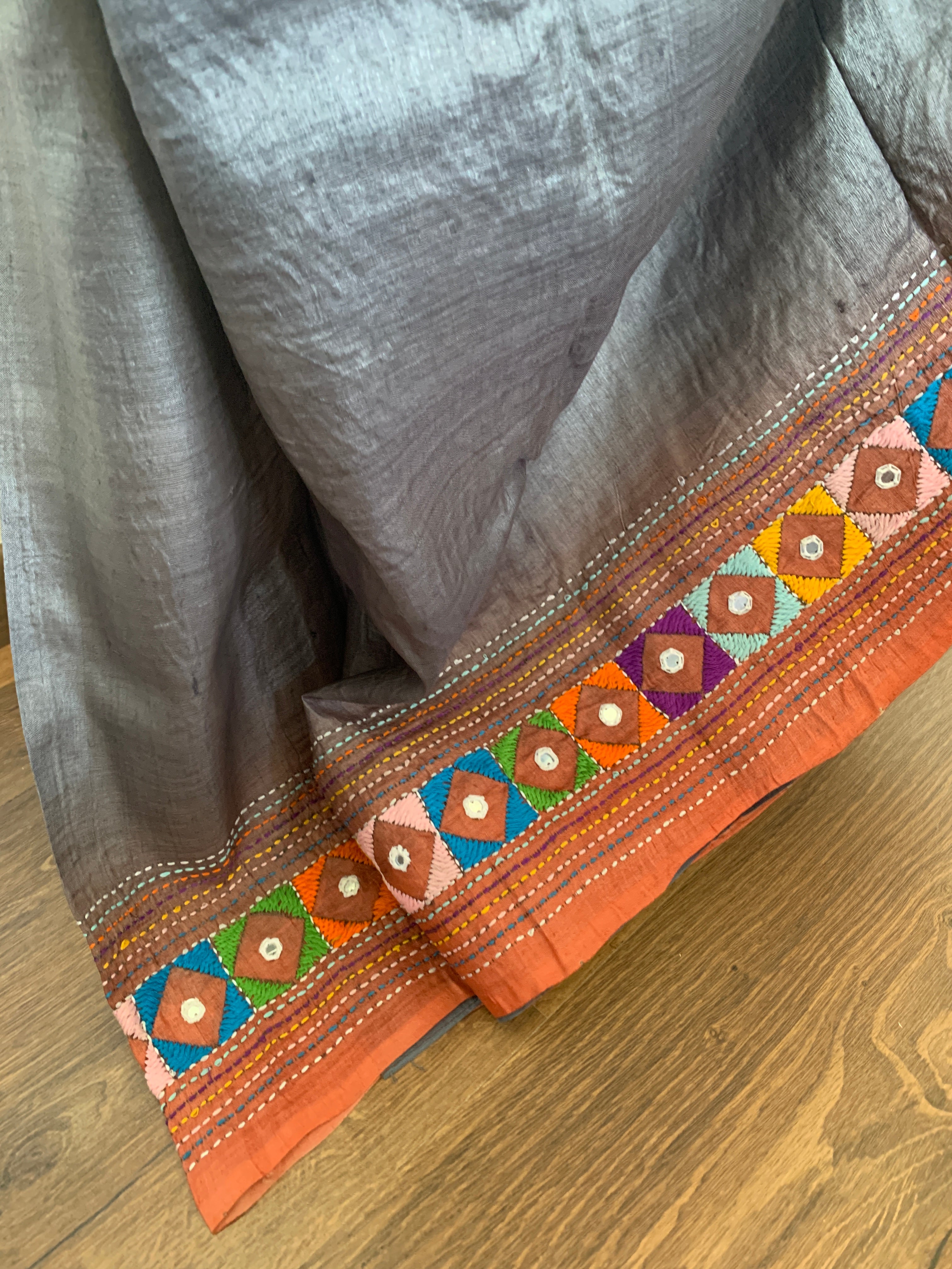Grey Lambani Tussar Silk Saree