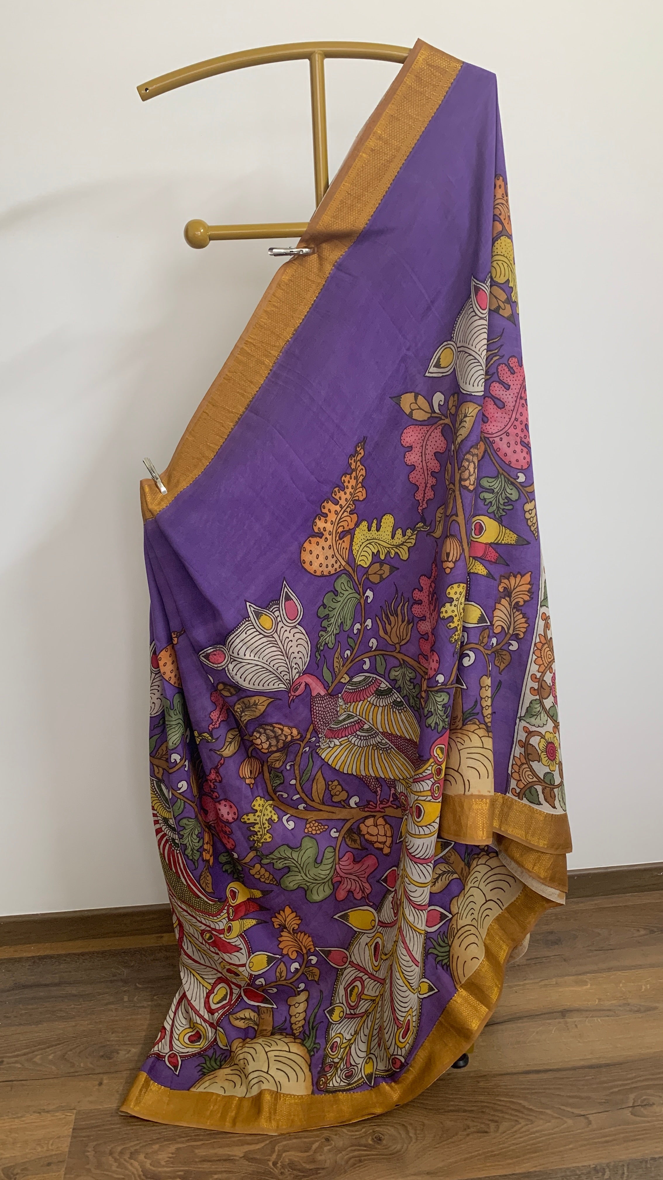 Purple and Yellow Pen Kalamkari Silk Saree