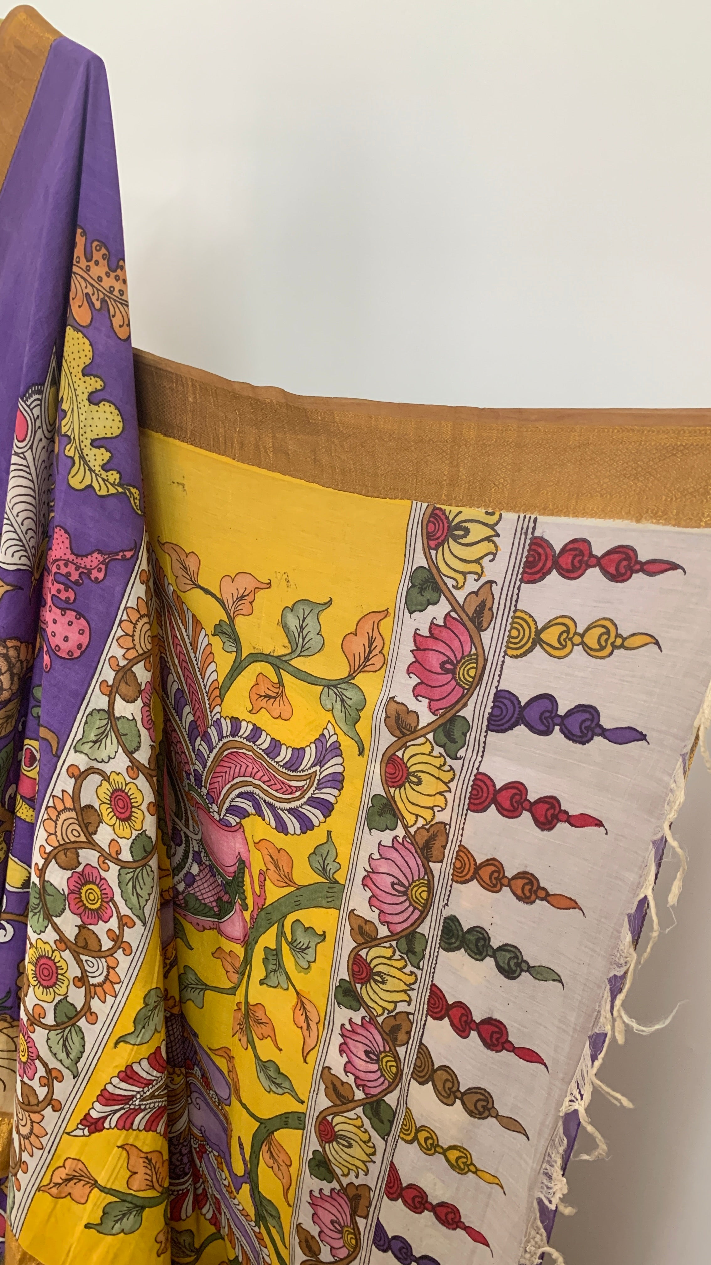 Purple and Yellow Pen Kalamkari Silk Saree