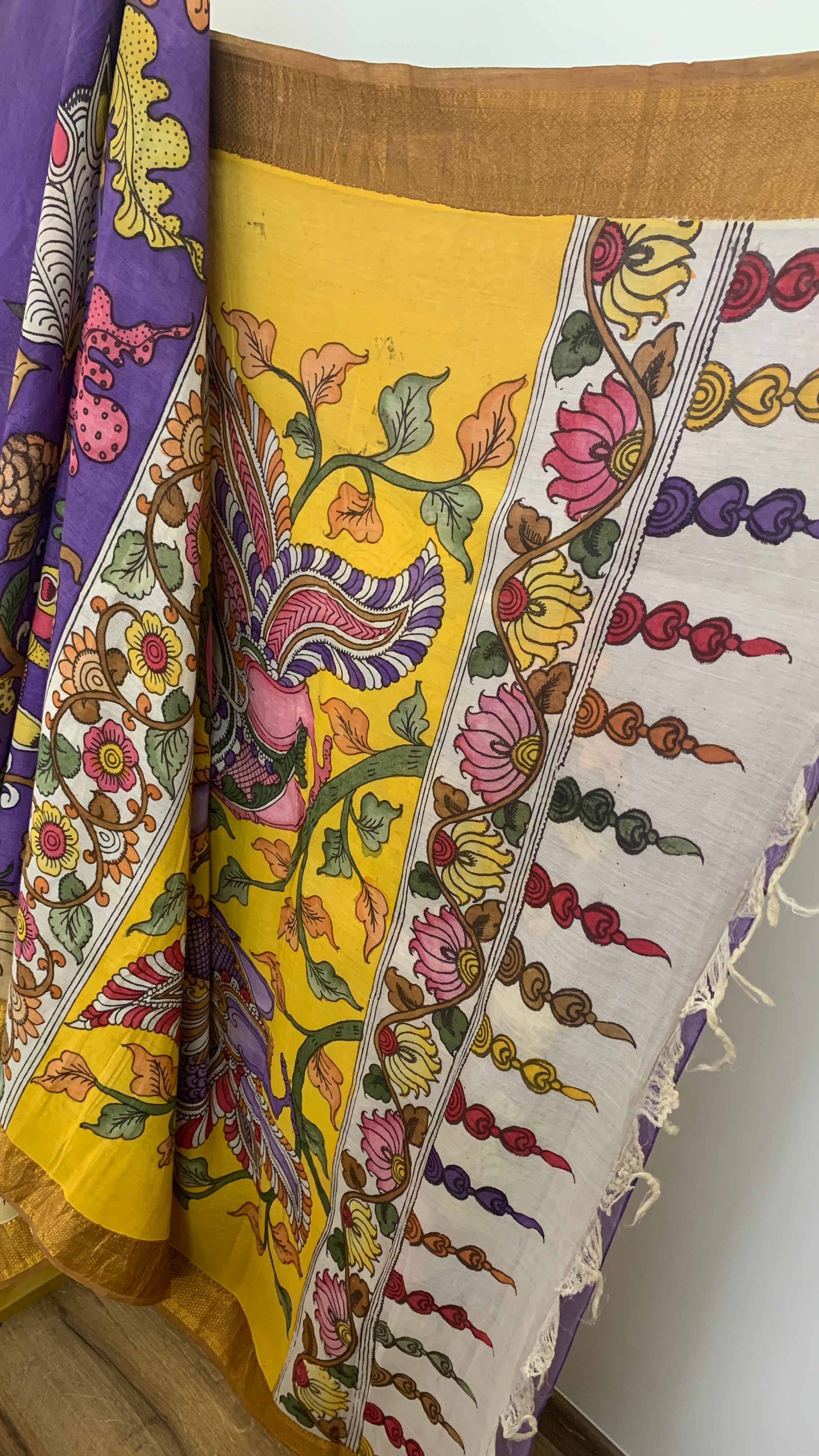 Purple and Yellow Pen Kalamkari Silk Saree