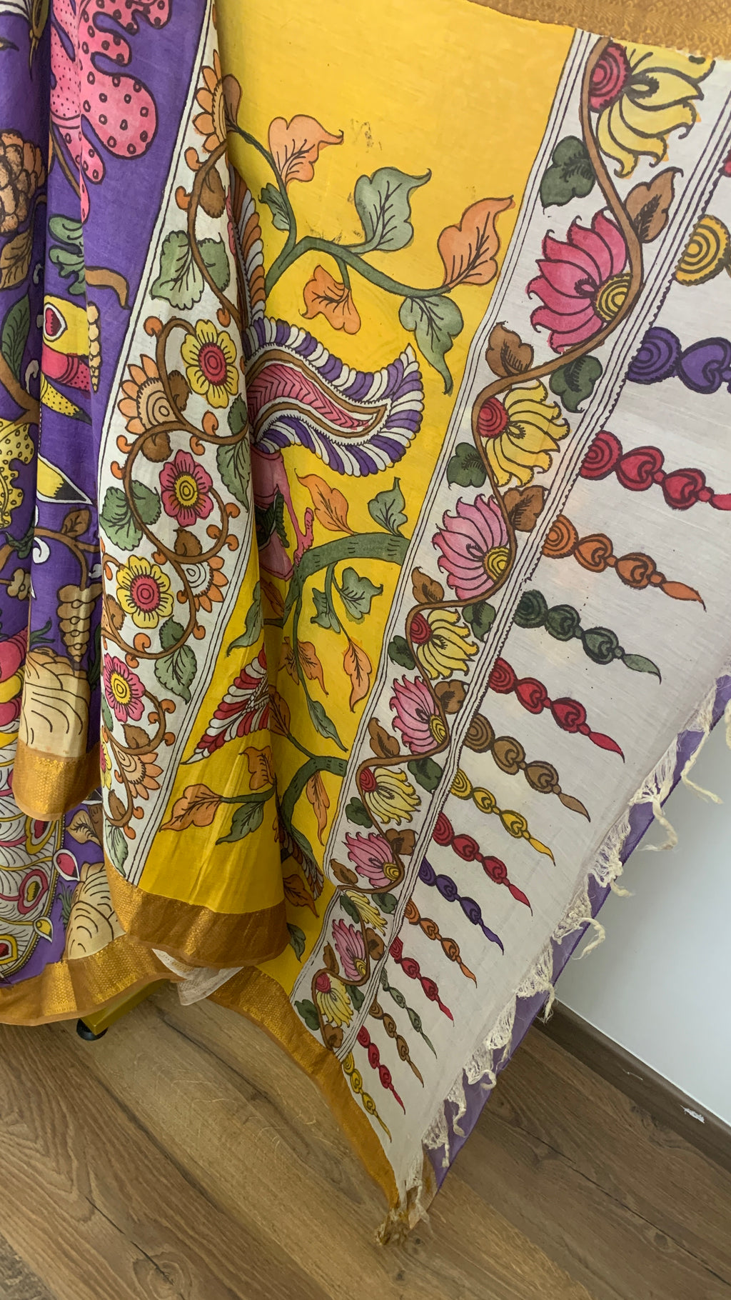 Purple and Yellow Pen Kalamkari Silk Saree