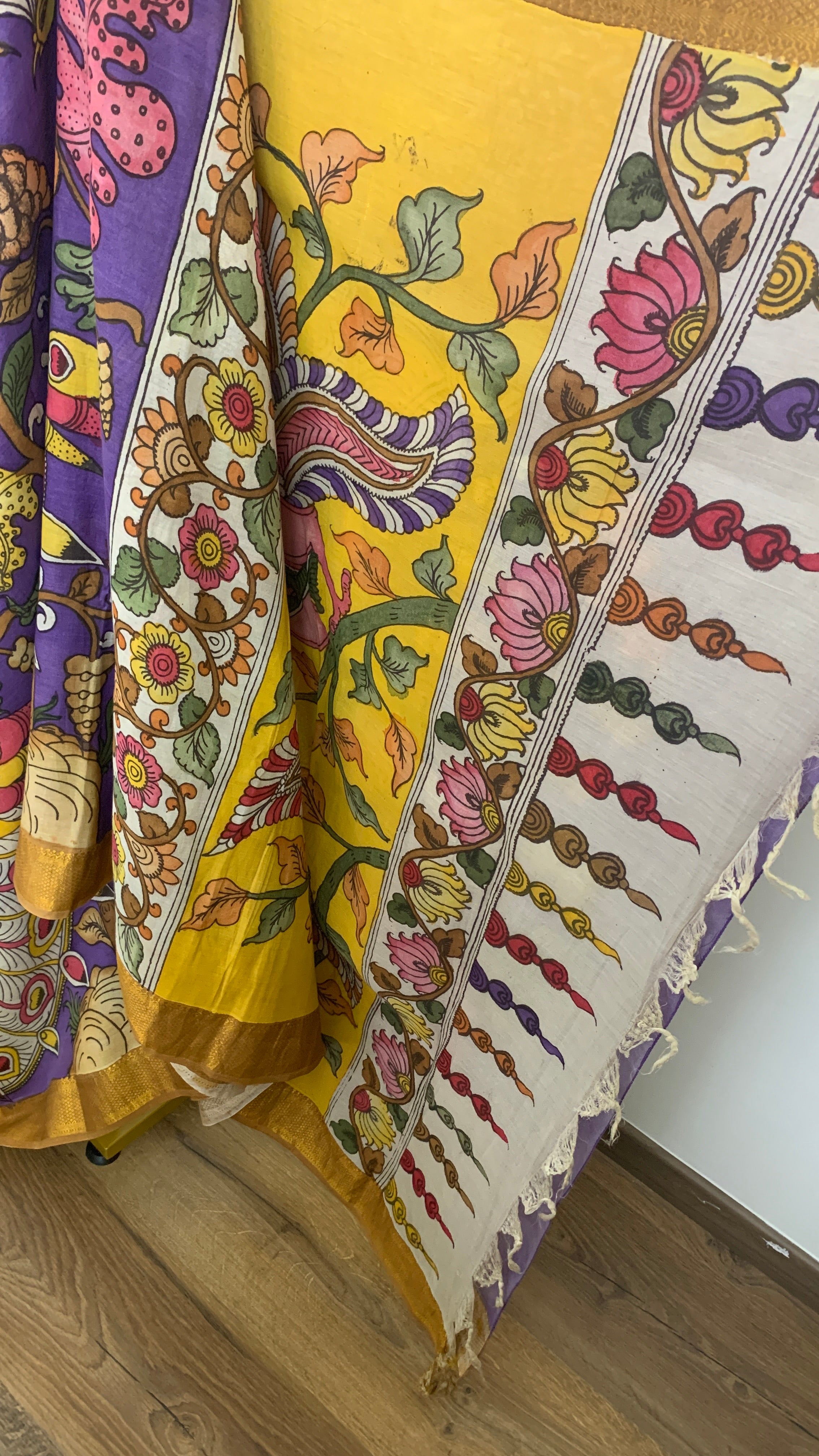 Purple and Yellow Pen Kalamkari Silk Saree