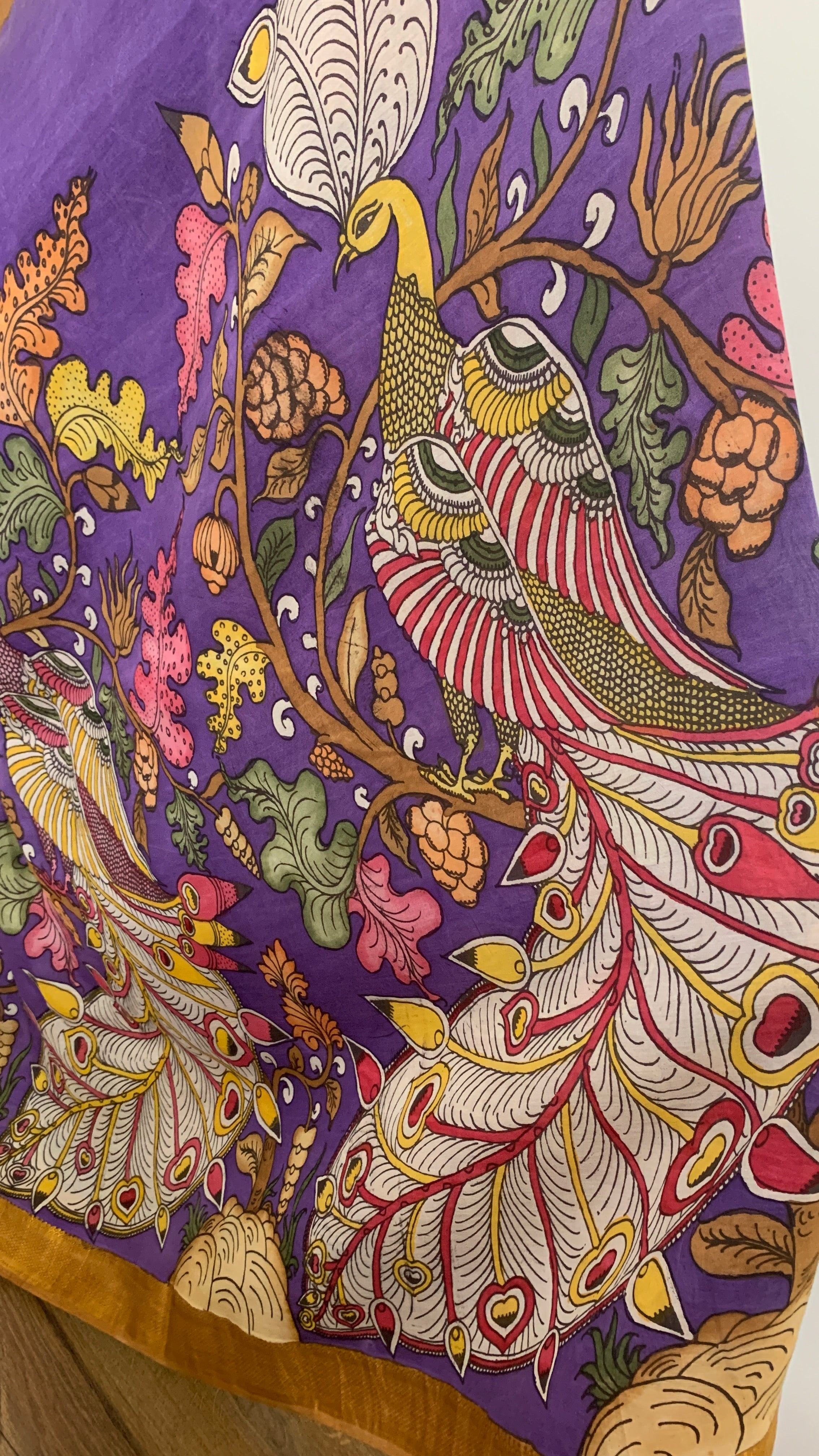 Purple and Yellow Pen Kalamkari Silk Saree