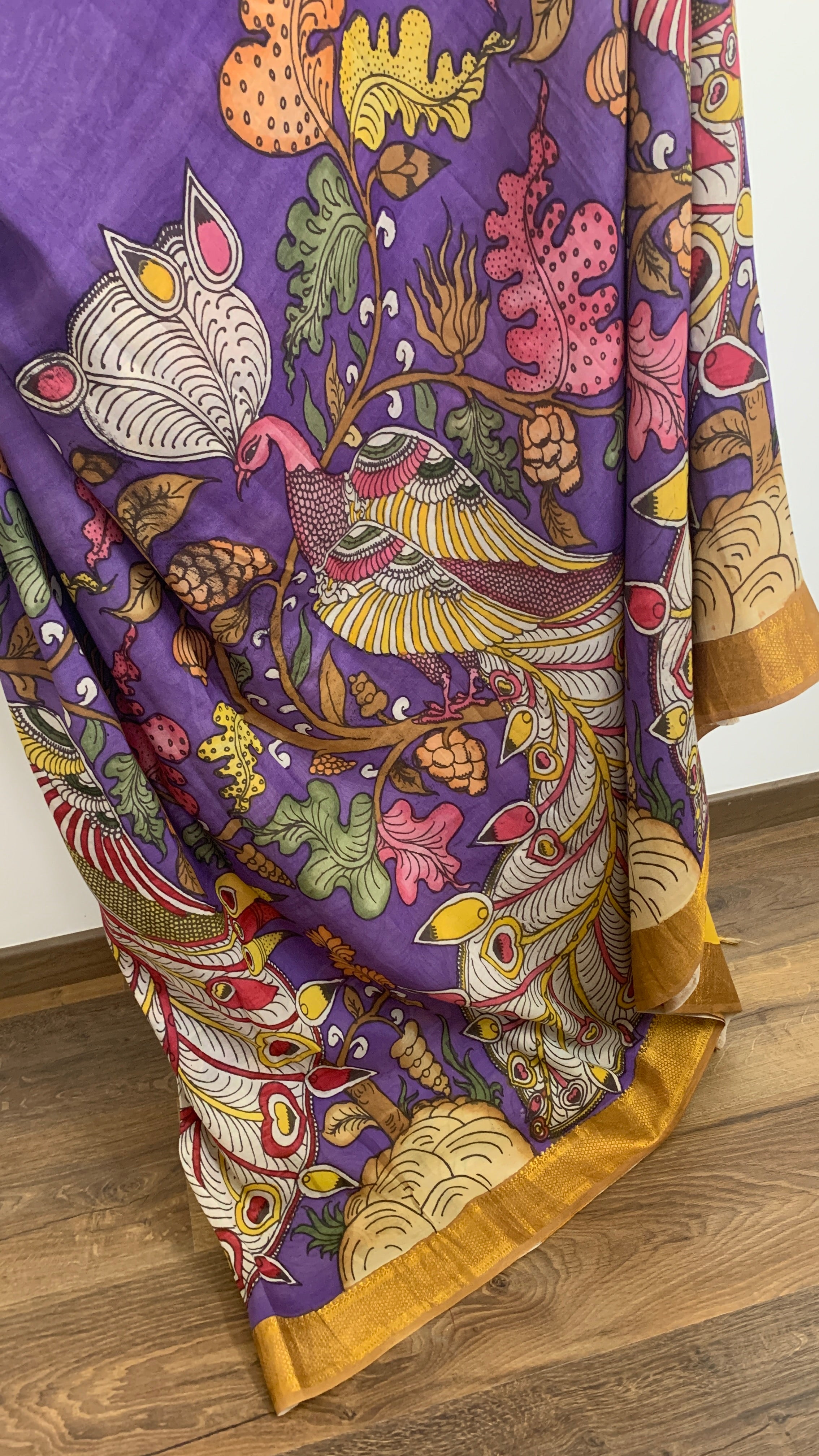 Purple and Yellow Pen Kalamkari Silk Saree