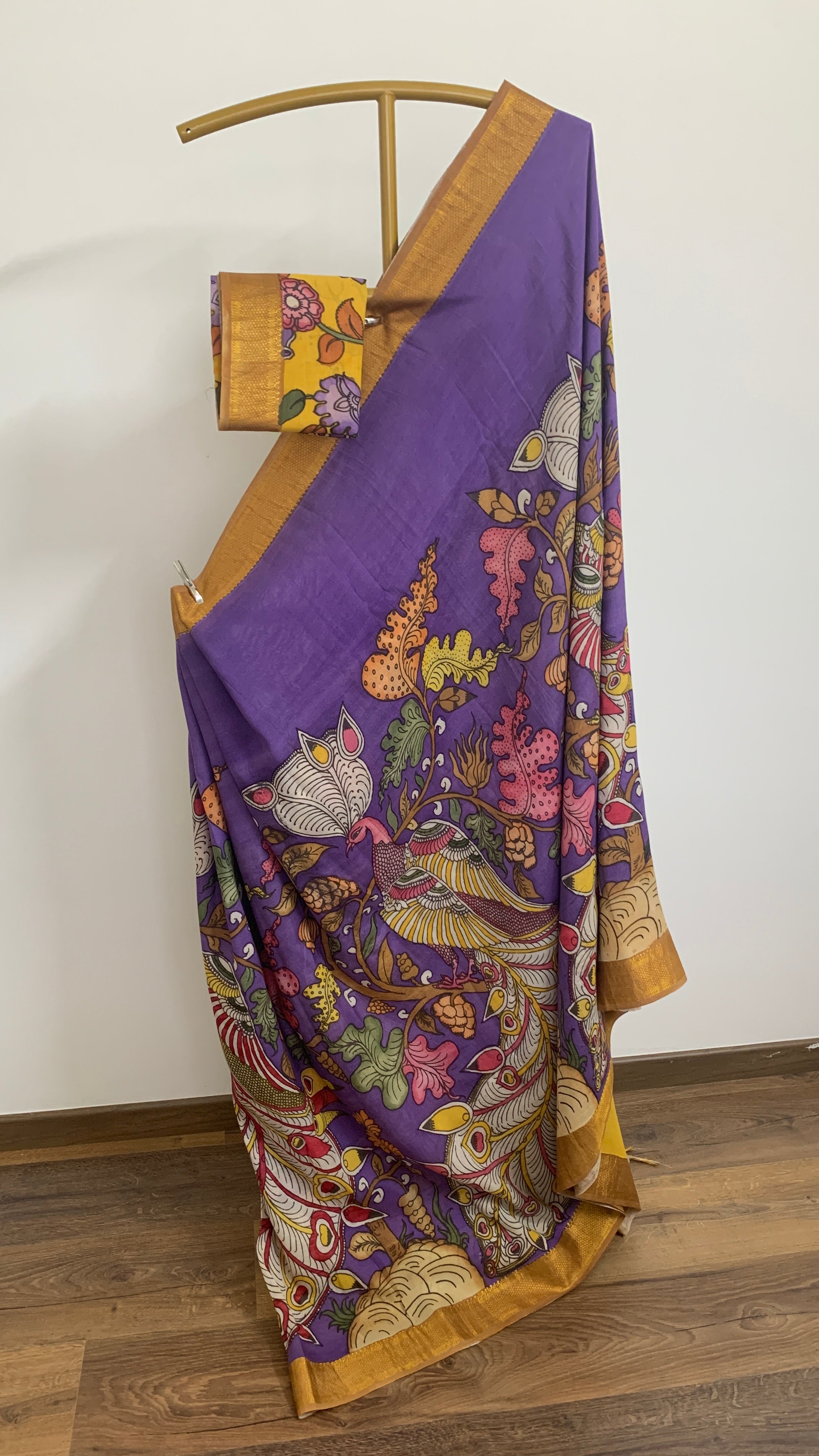 Purple and Yellow Pen Kalamkari Silk Saree