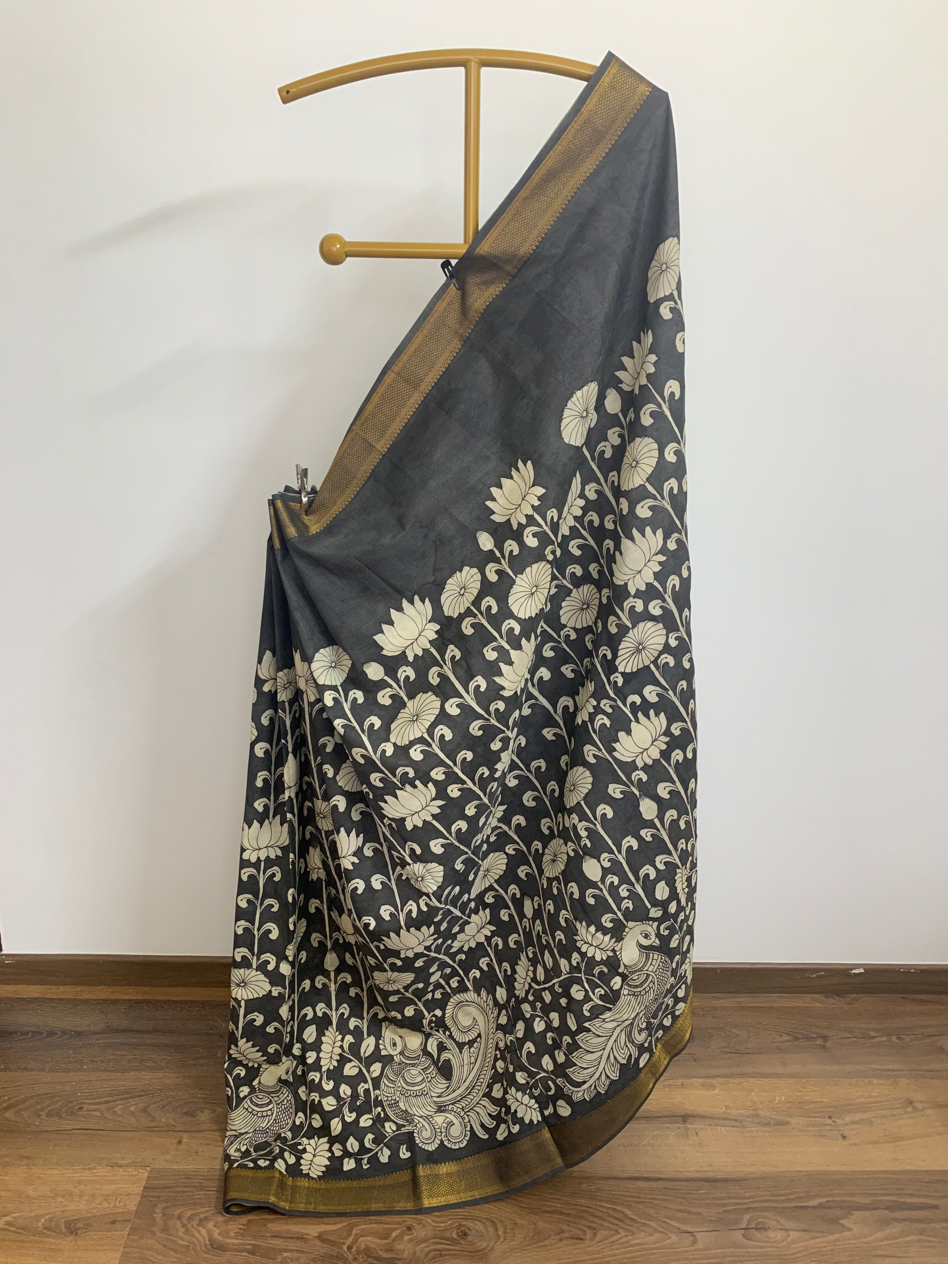 Black and White Pen Kalamkari Silk Saree
