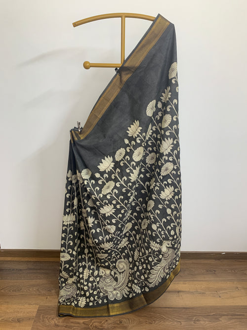 Black and White Pen Kalamkari Silk Saree