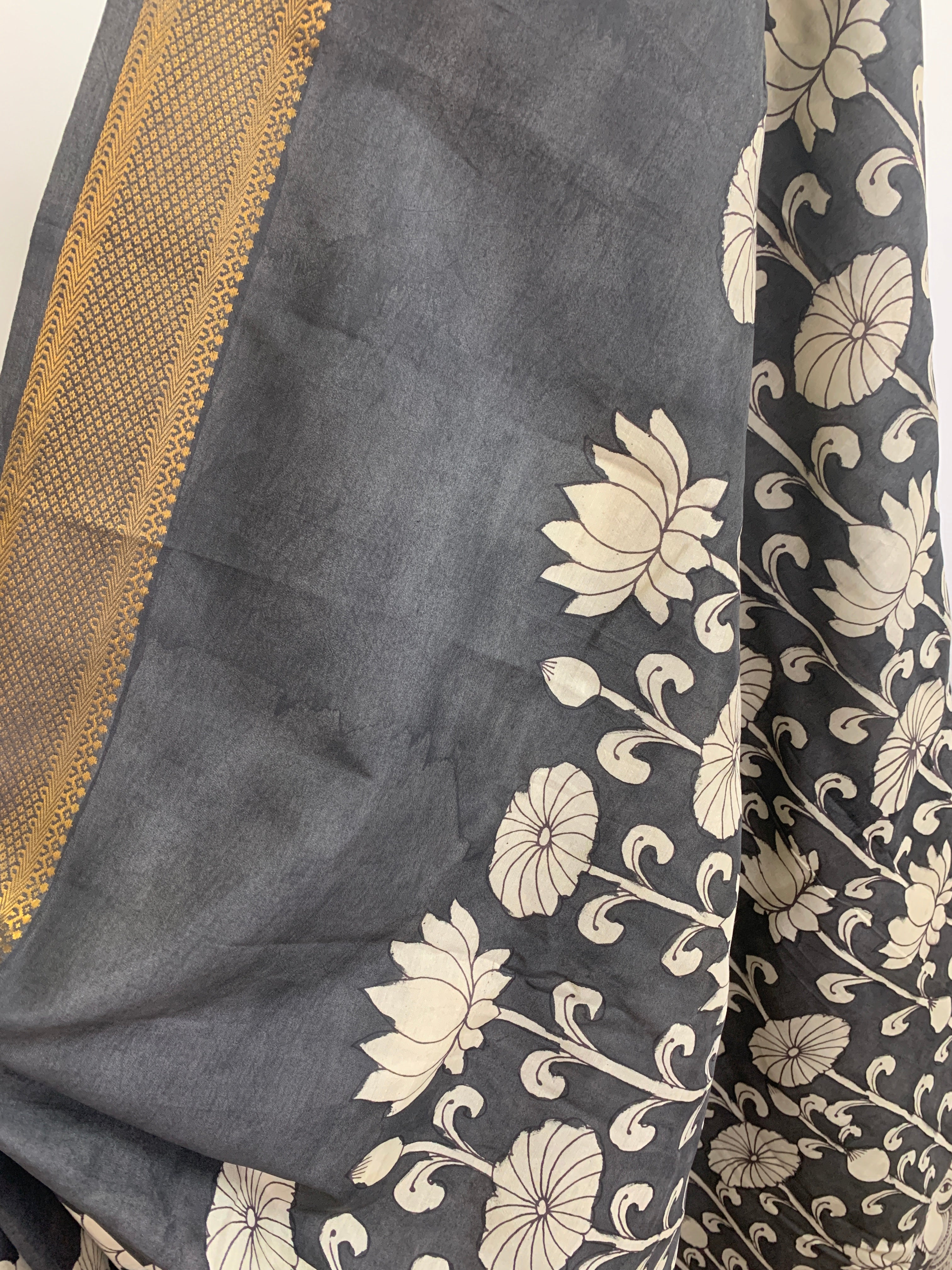 Black and White Pen Kalamkari Silk Saree