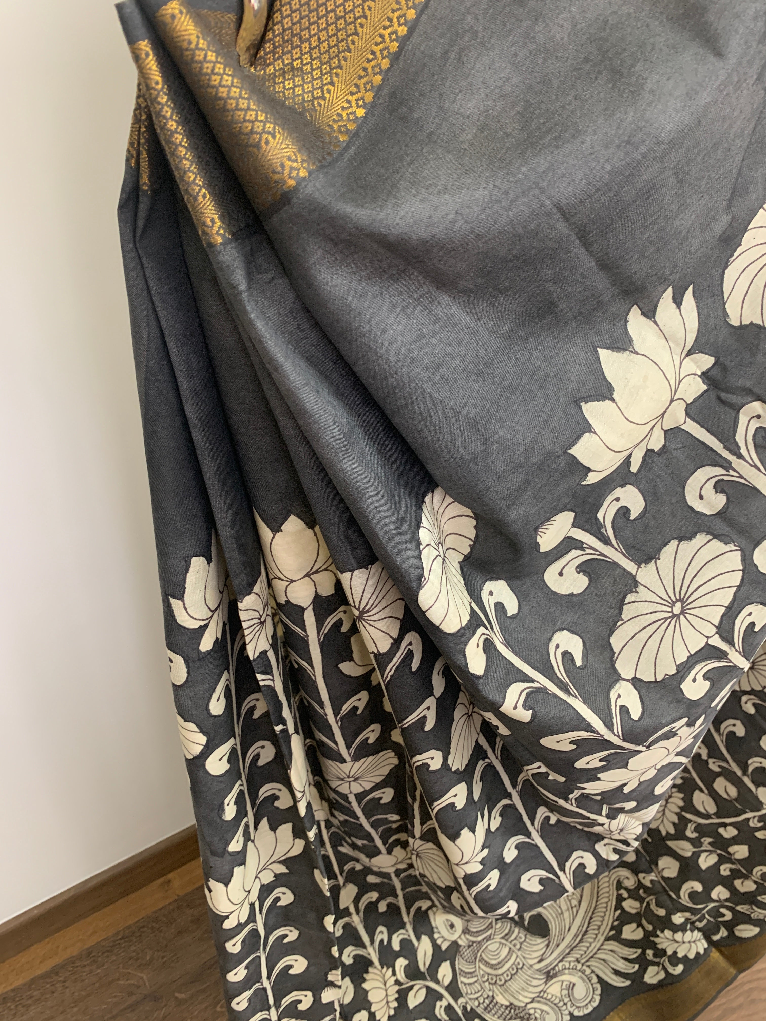 Black and White Pen Kalamkari Silk Saree