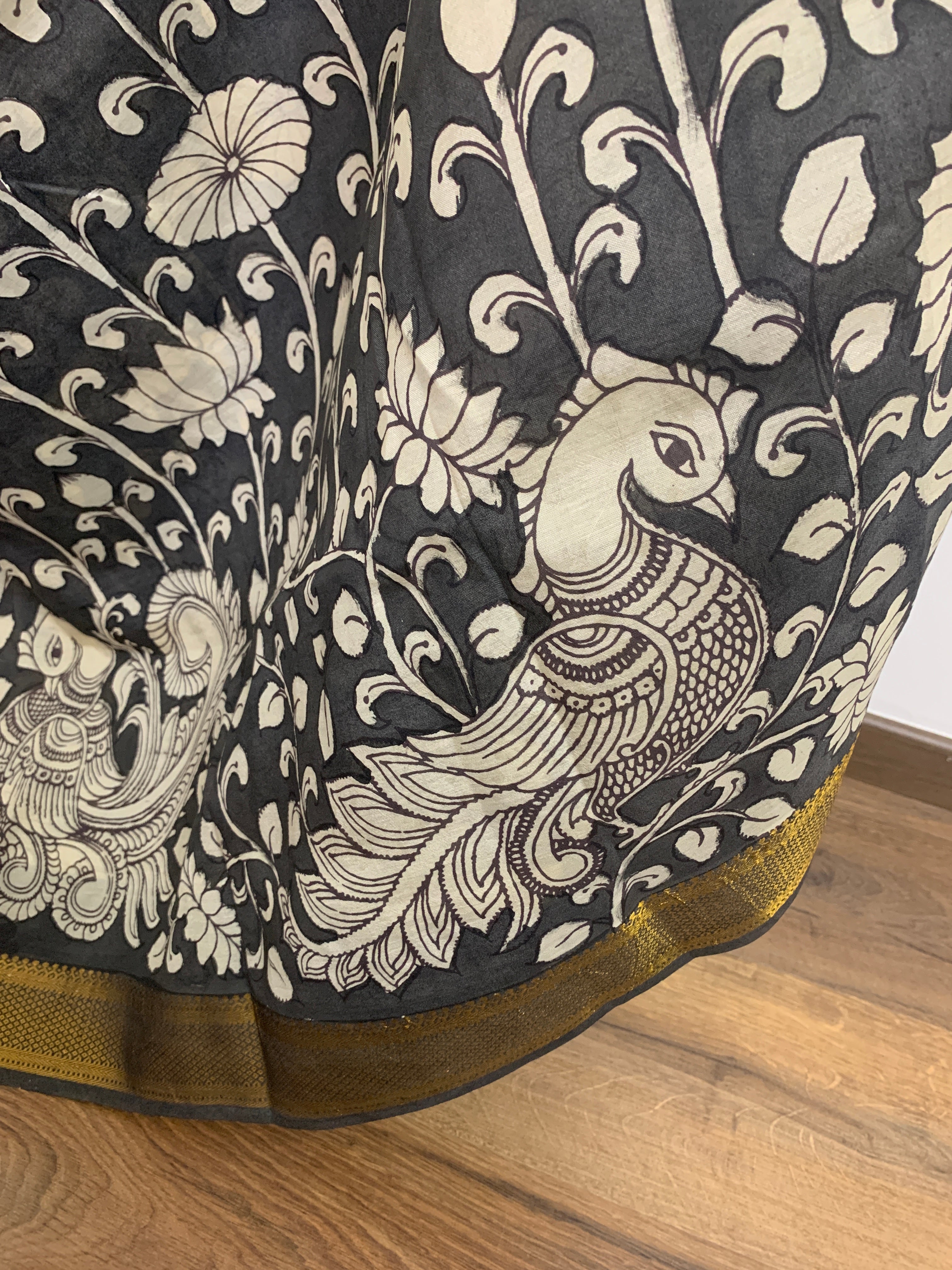 Black and White Pen Kalamkari Silk Saree