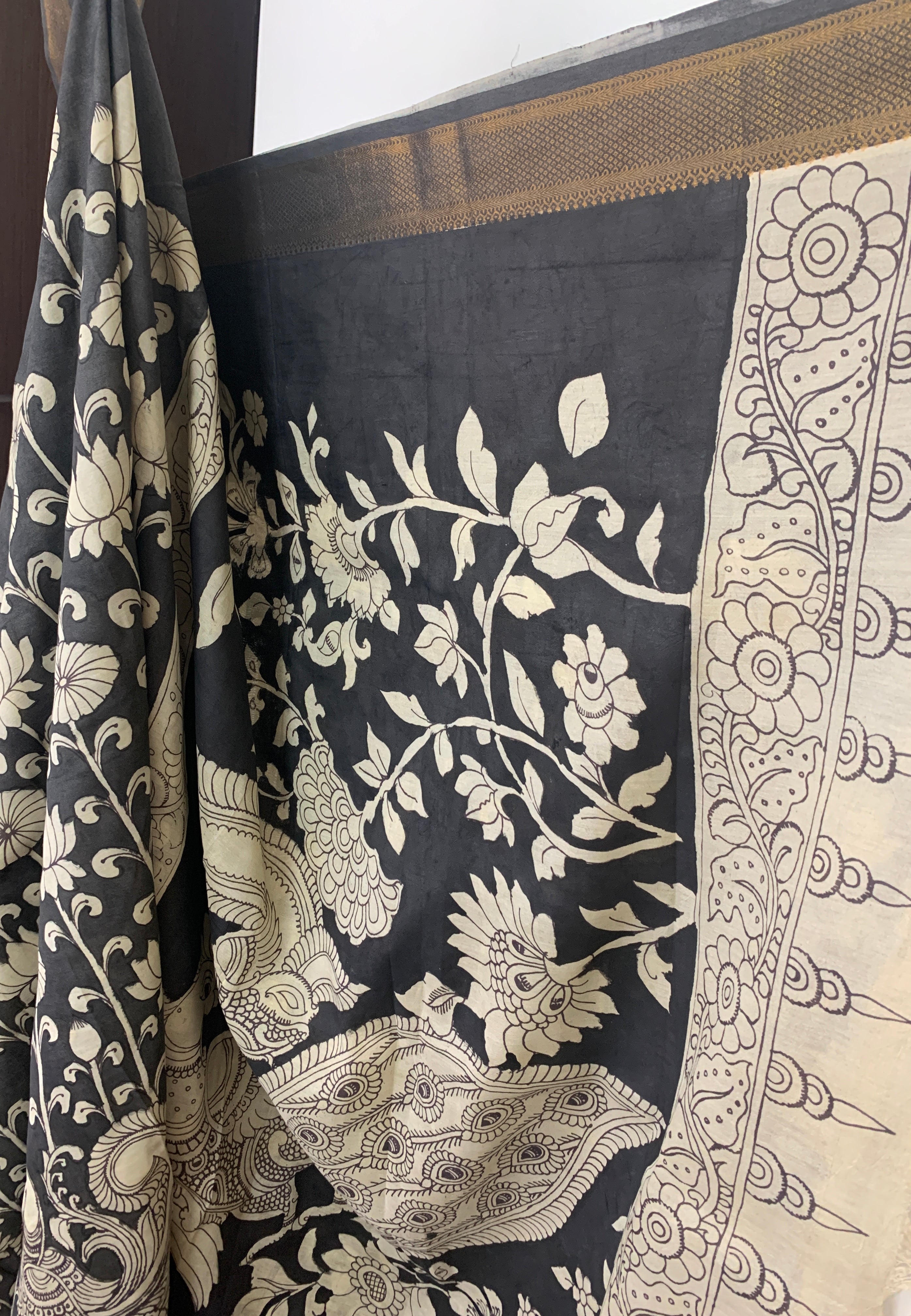 Black and White Pen Kalamkari Silk Saree