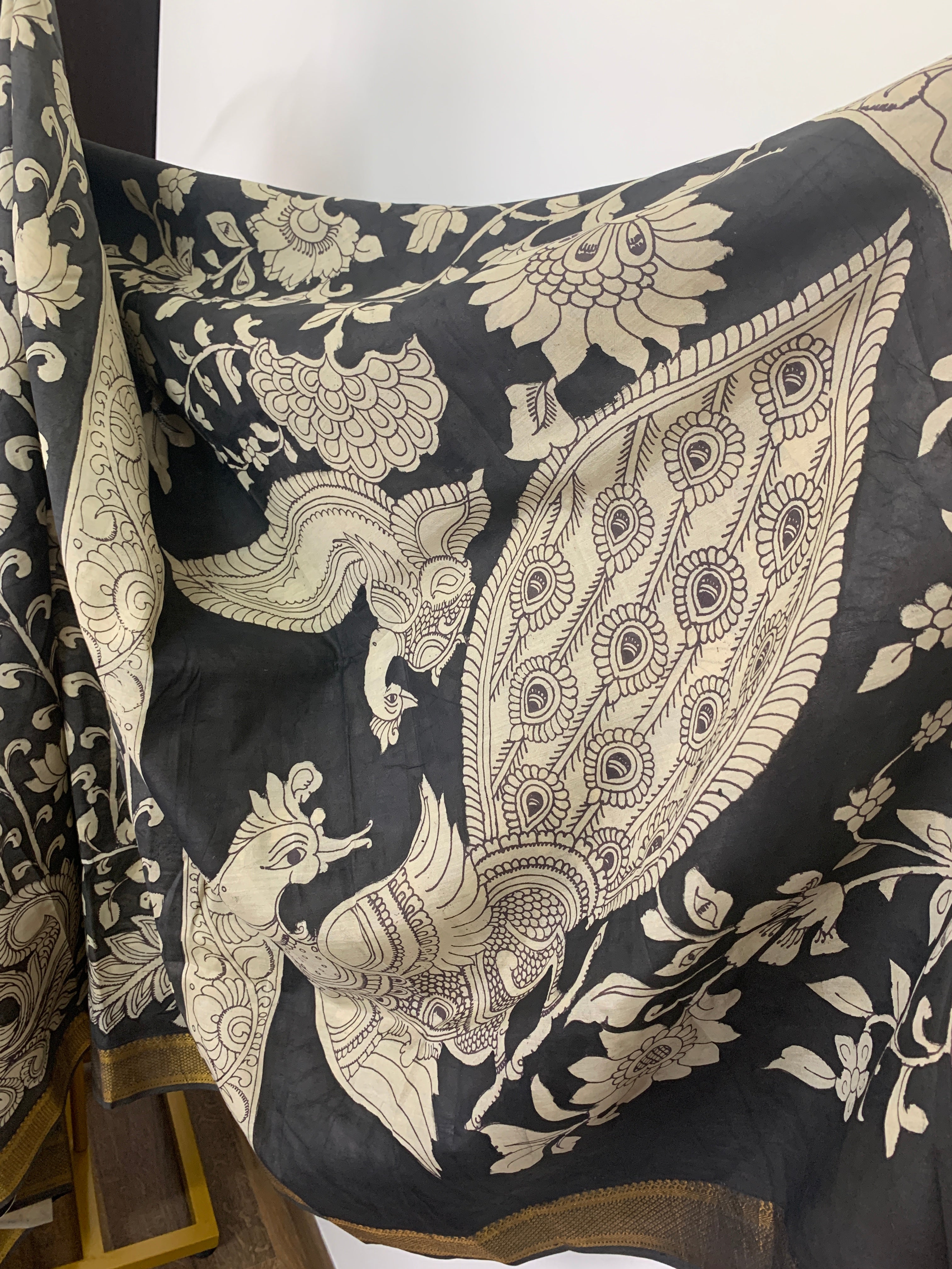 Black and White Pen Kalamkari Silk Saree