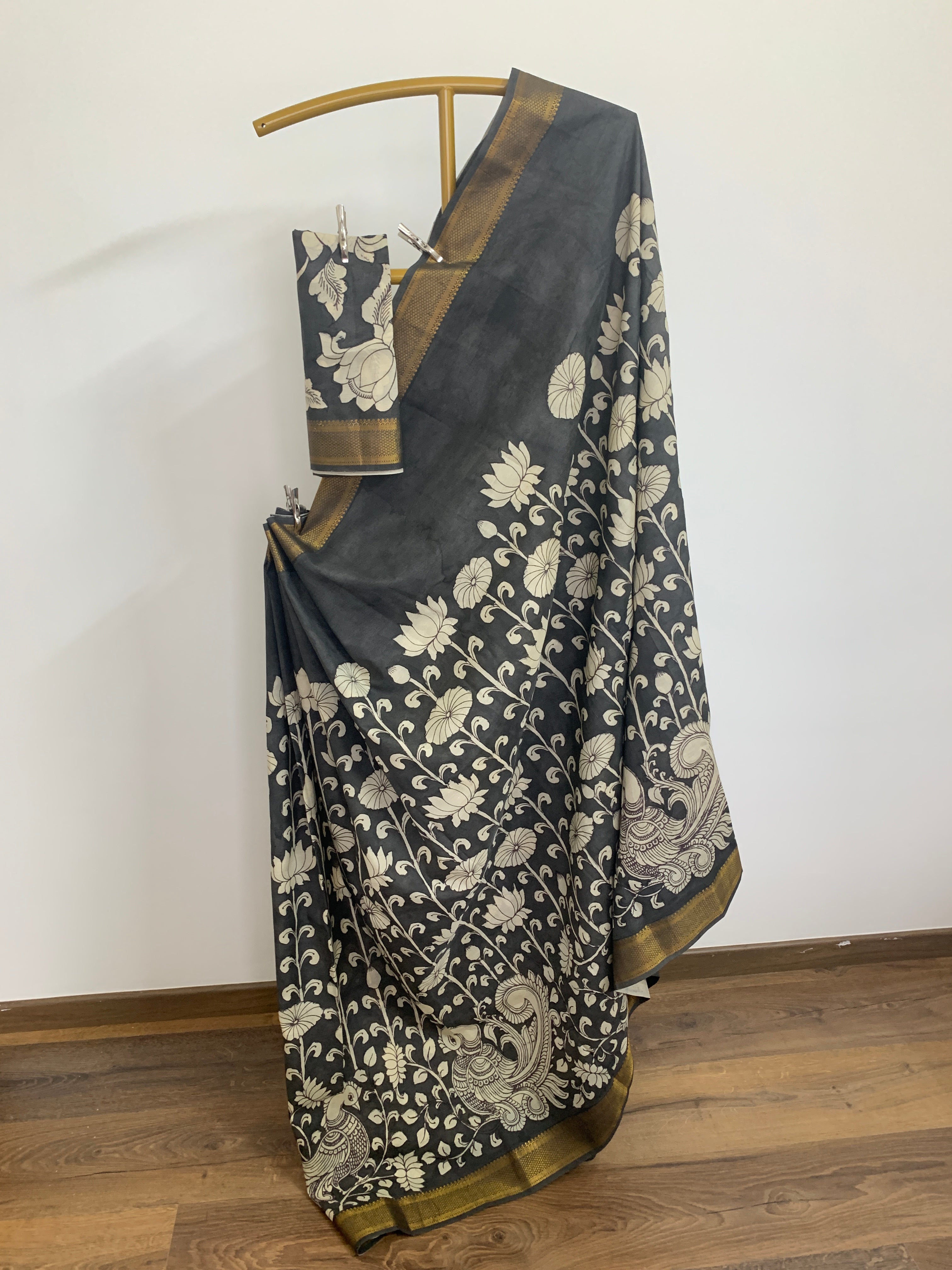 Black and White Pen Kalamkari Silk Saree