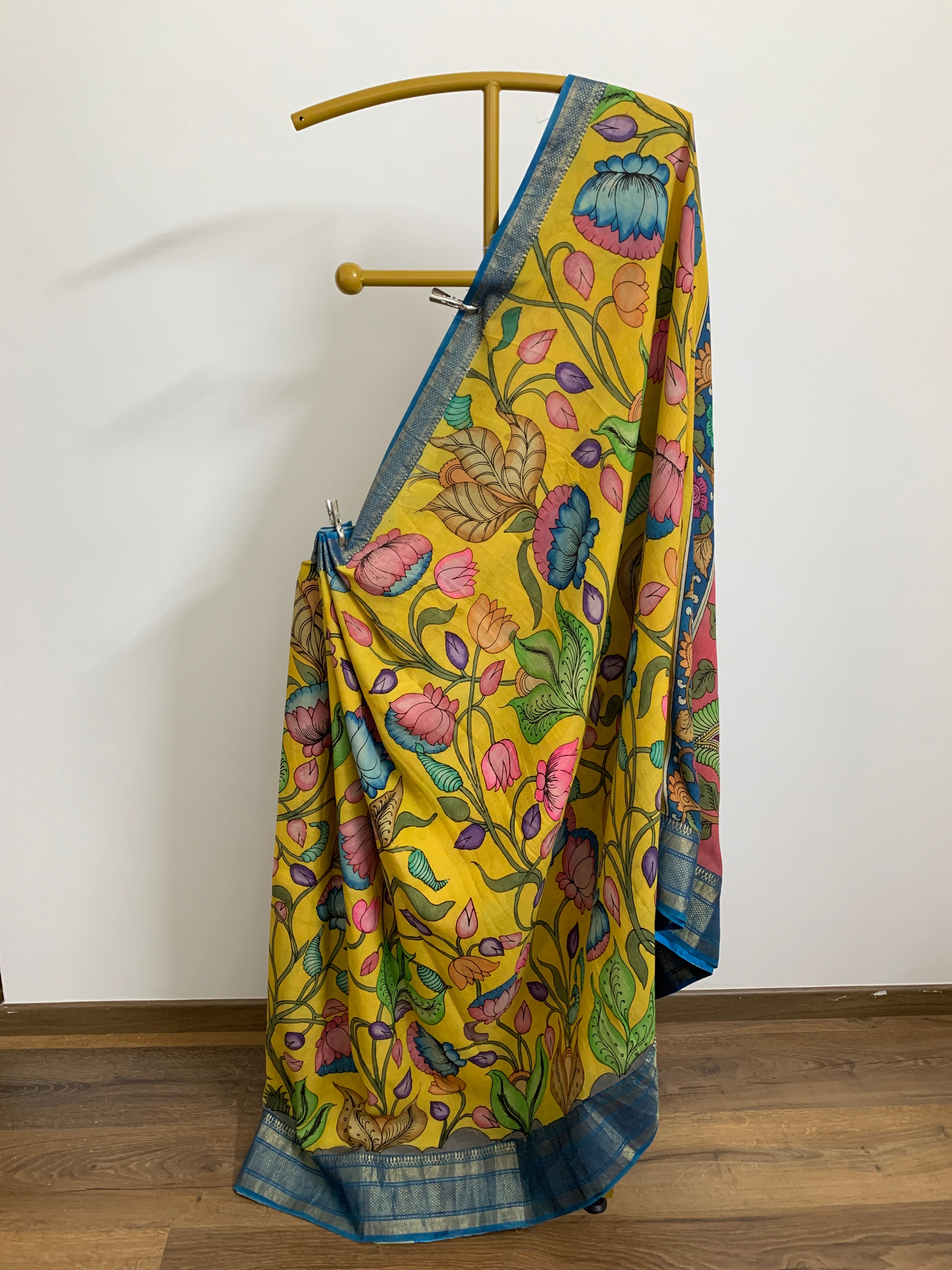 Yellow and Blue Pen Kalamkari Silk Saree