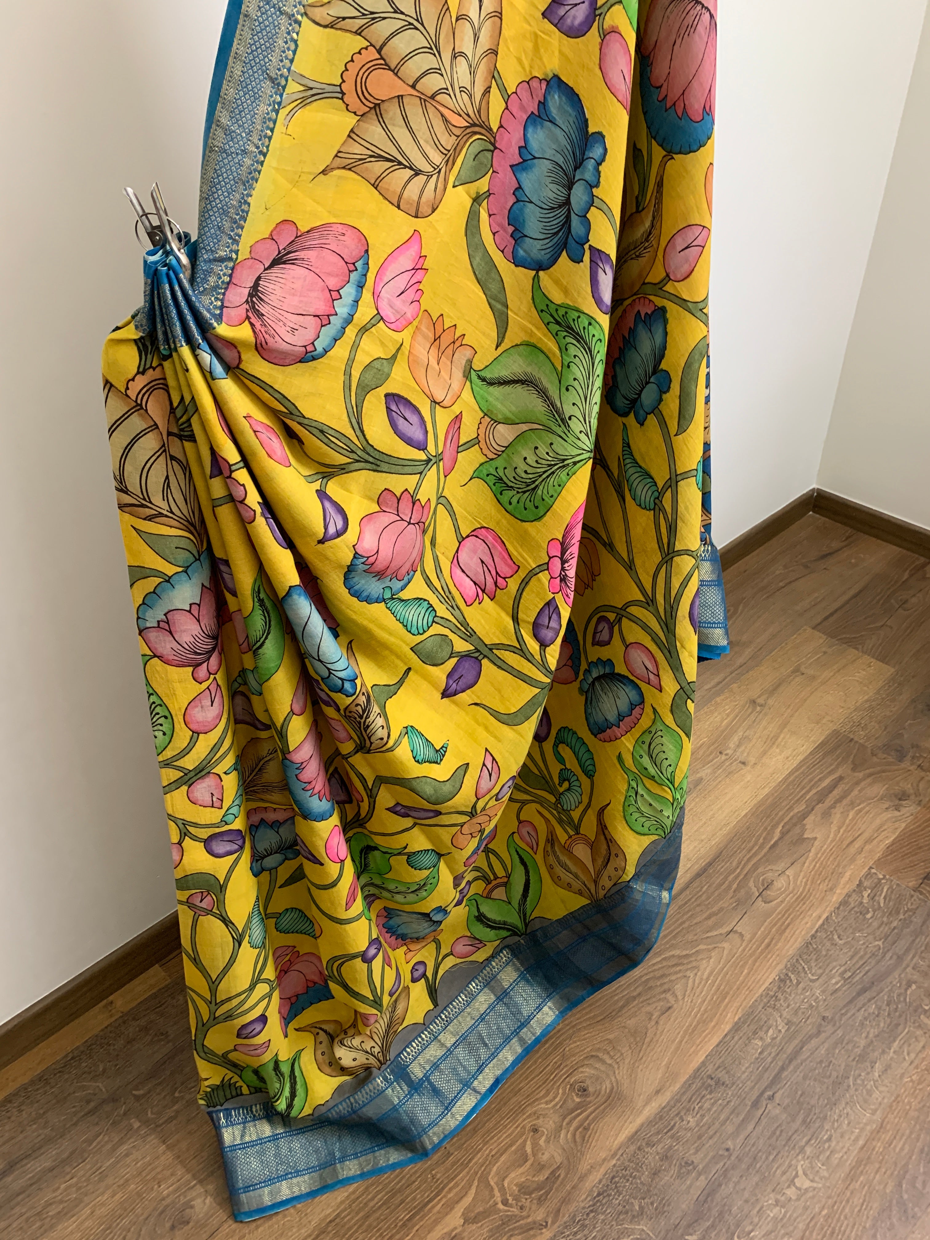 Yellow and Blue Pen Kalamkari Silk Saree