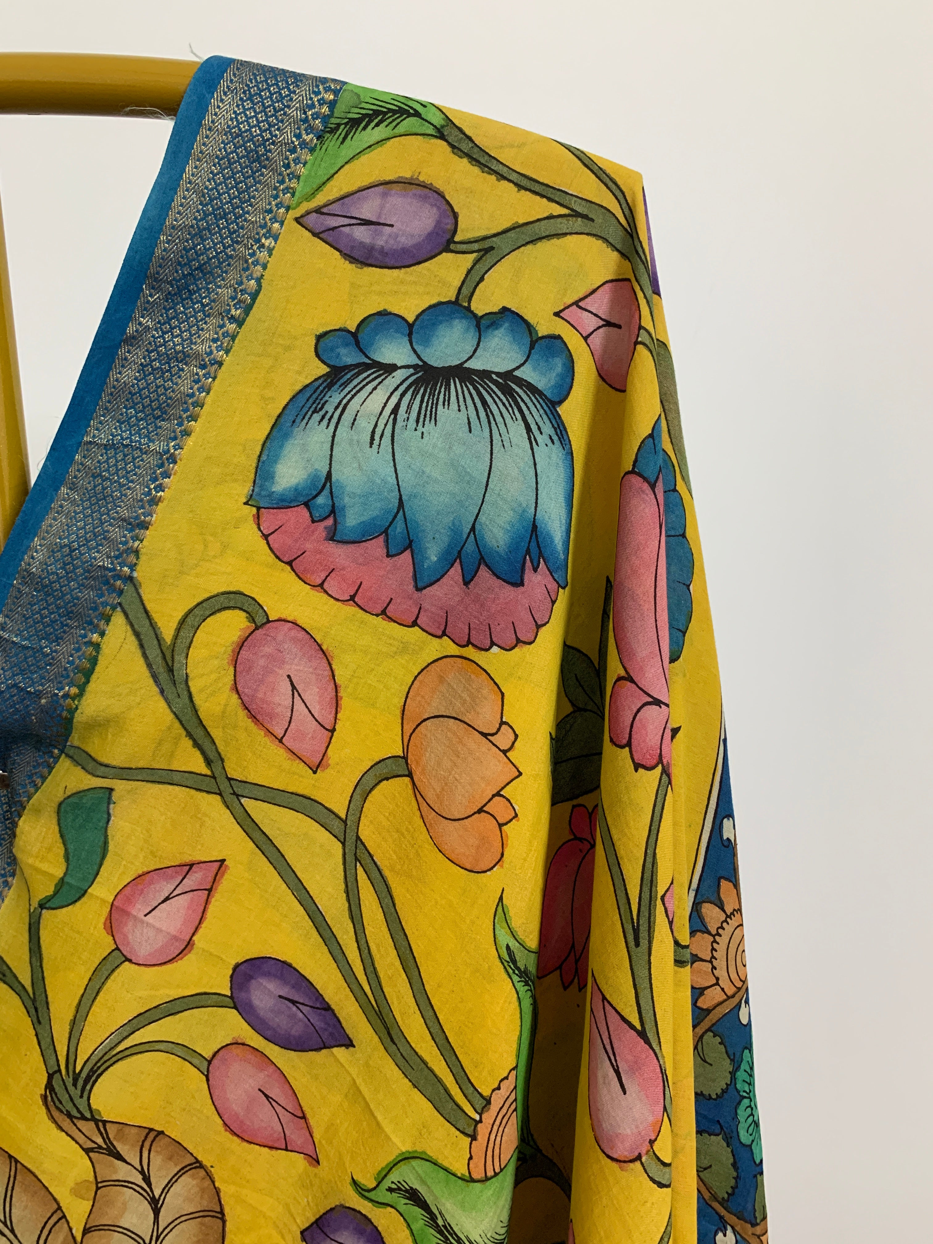 Yellow and Blue Pen Kalamkari Silk Saree